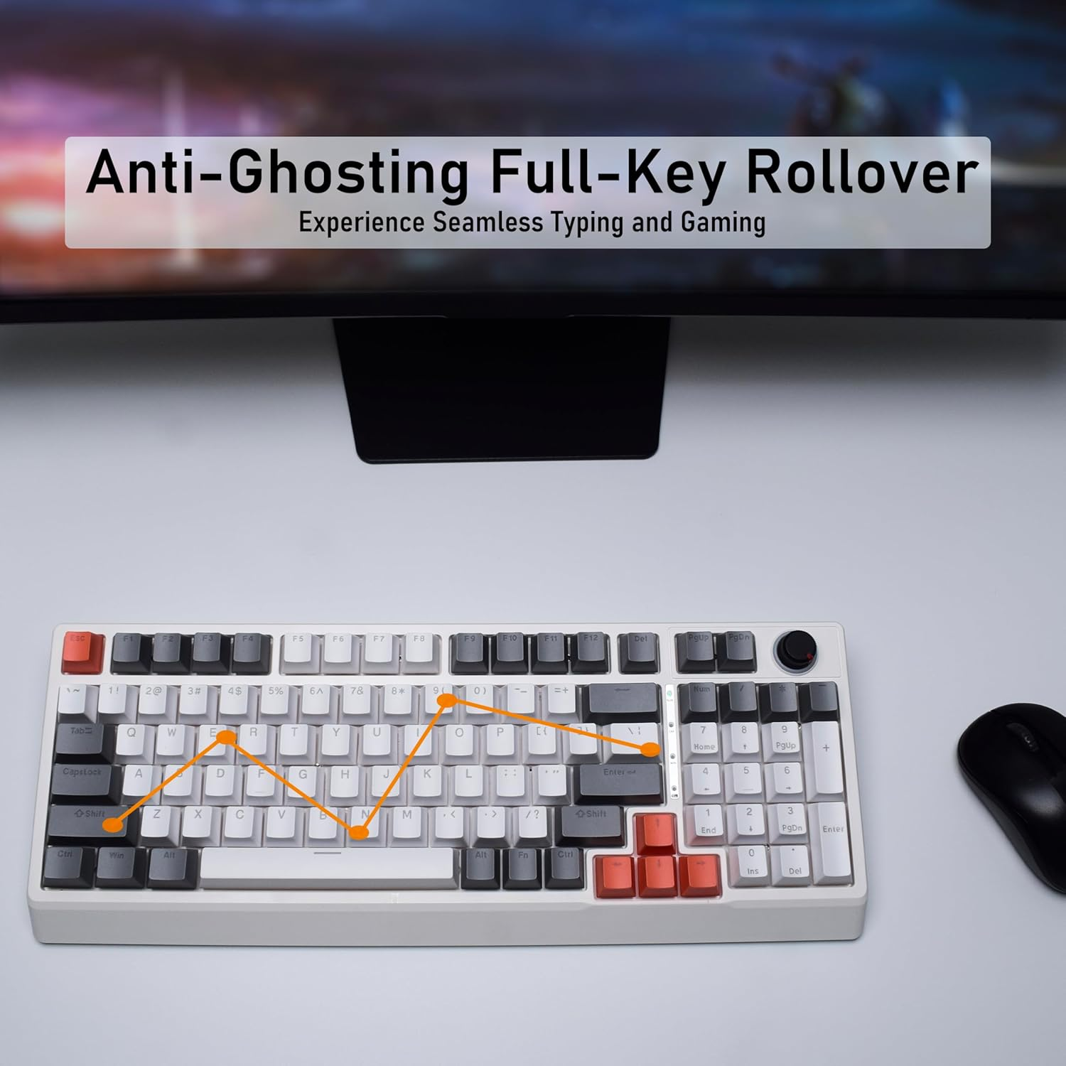 K41 98 Keys Mechanical Keyboard with Knob, Gaming Keyboard, 2.4Ghz/Bluetooth/Type-C, 4000Mah Battery, QWERTZ RGB Compatible with Windows/Mac (Red Switch, White & Gray) image number 3