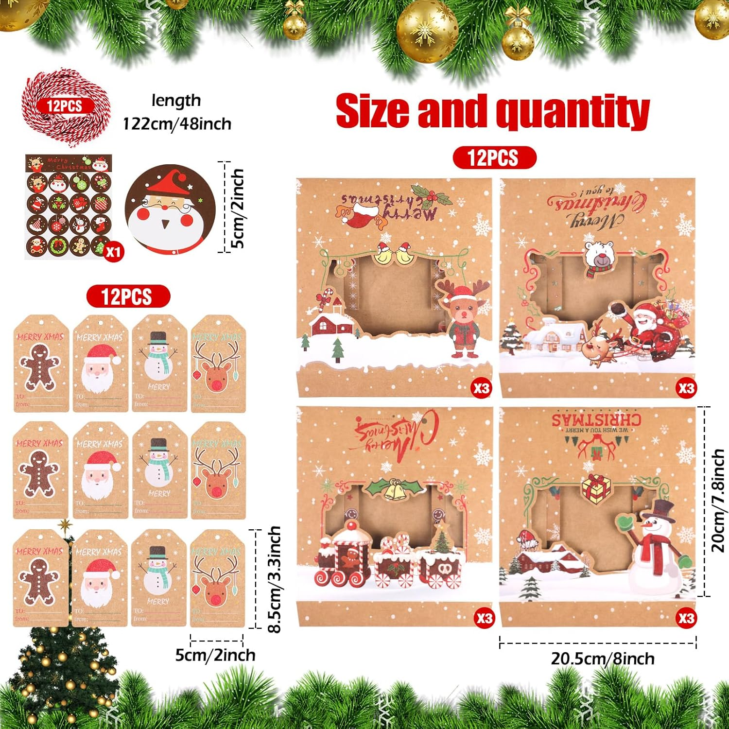 12Pcs Christmas Cookie Gift Box Treat Boxes, Large Rectangle Christmas Kraft Paper Food Container for Gift Wrapping Supplies, Cute Santa Small Christmas Box image number 1