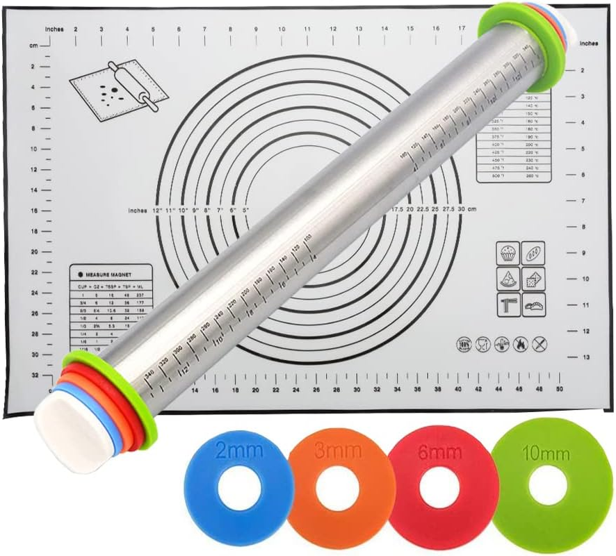 NASNAIOLL Rolling Pin and Pastry Baking Mat Set,Wood Rolling Pin for Baking,Silicone Baking Mat,Non-Stick French Rolling Pin and Dough Rolling Mat Ideal for Bread,Cookie,Tortillas,Pasta,Pizza (Black)&hellip;