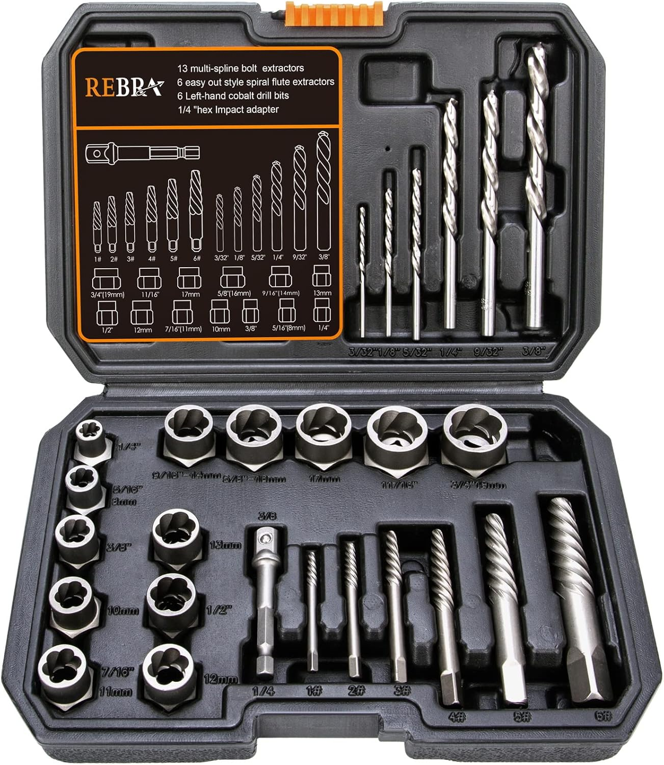 REBRA Screw&Bolt Extractor Set and Left-Hand Drill Bit Set, with Hex Adapter, Easy Out Stripped Screw Remover Socket Set Tool for Stripped, Damaged, Rounded-Off, Rusted Bolts, Nuts&Screws 26-Pieces image number 3