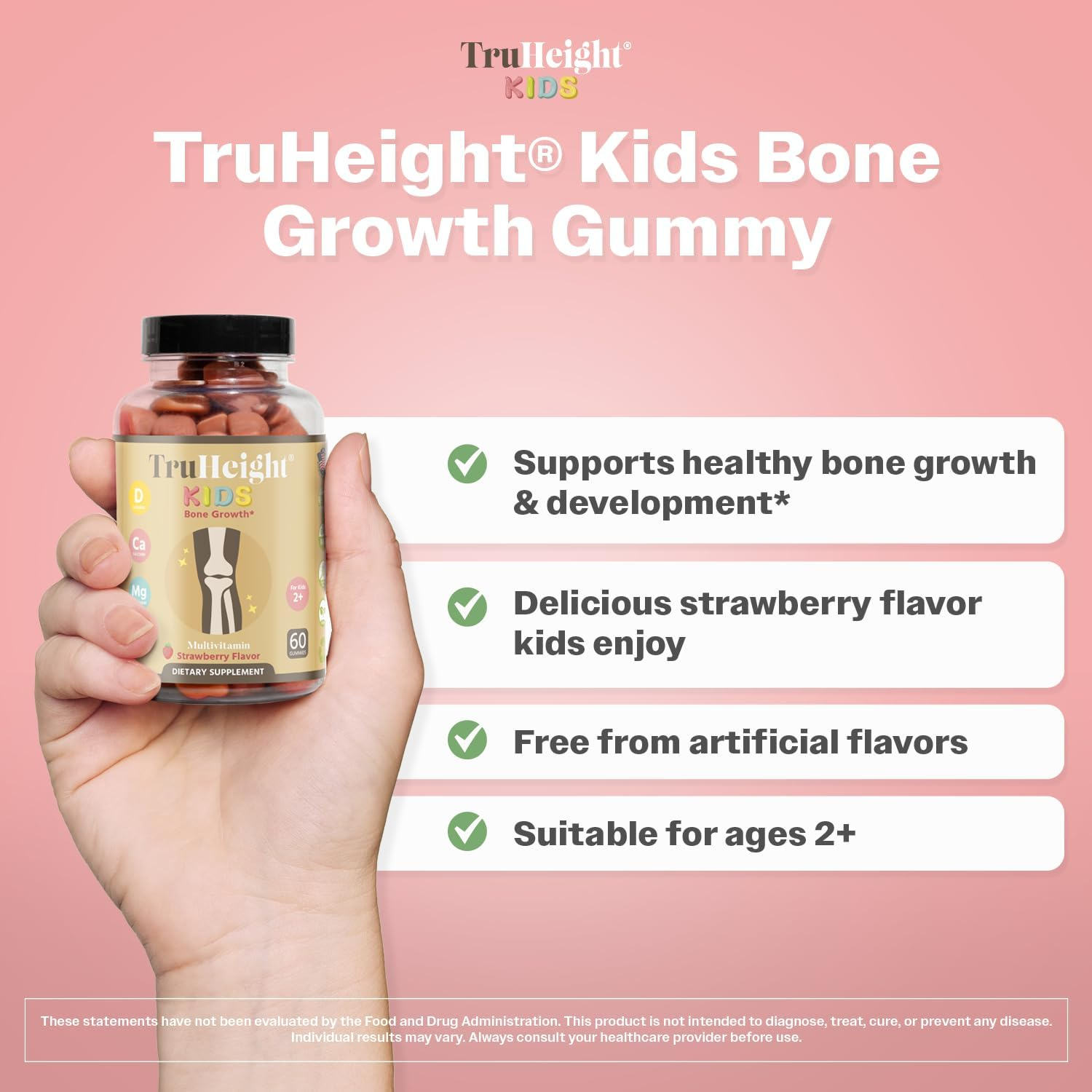 Truheight Kids Bone Growth Gummies (Strawberry, Ages 2+) All Natural Kids & Toddler Vitamins - Vitamin D, Calcium, K2, Magnesium Multivitamin - Natural Growth & Development, Builds Strong Bones, Vegan