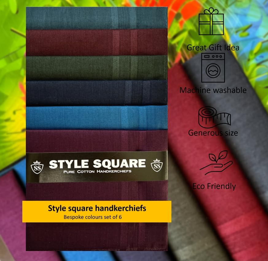 Style Square Men'S Handkerchiefs, 100% Pure Soft Cotton Handkerchief, Pattern Coloured Pocket Square Hankies, Great Gift, 43 X 43 Cm - Assorted Set Of 6 - As-80280 image number 2