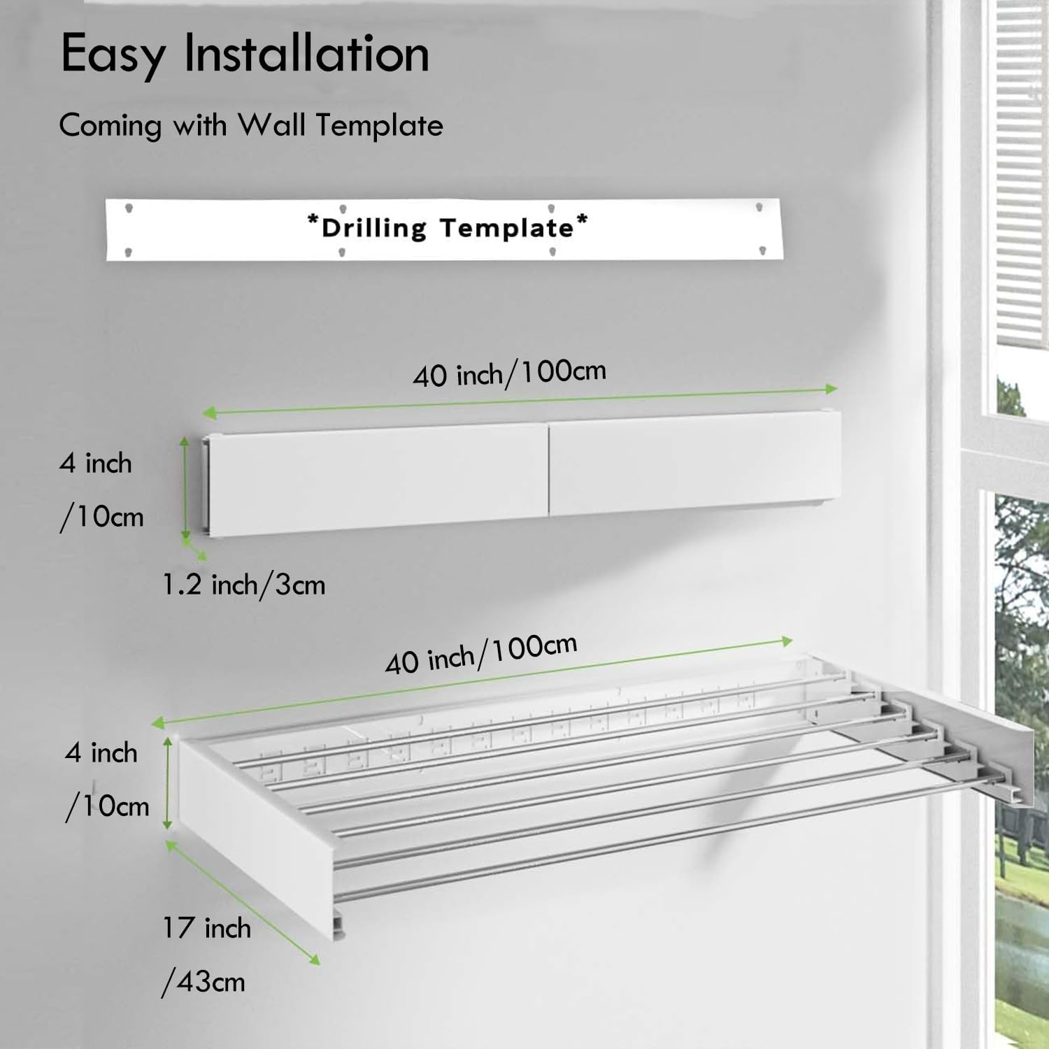 Nestcharm Foldable Wall Mounted Drying Rack - Collapsible Laundry Organizer with 5 Stainless Steel Rods, Space Saving Hidden Design & Installation Template for Indoor Use, White 40 Inch (100Cm) image number 3