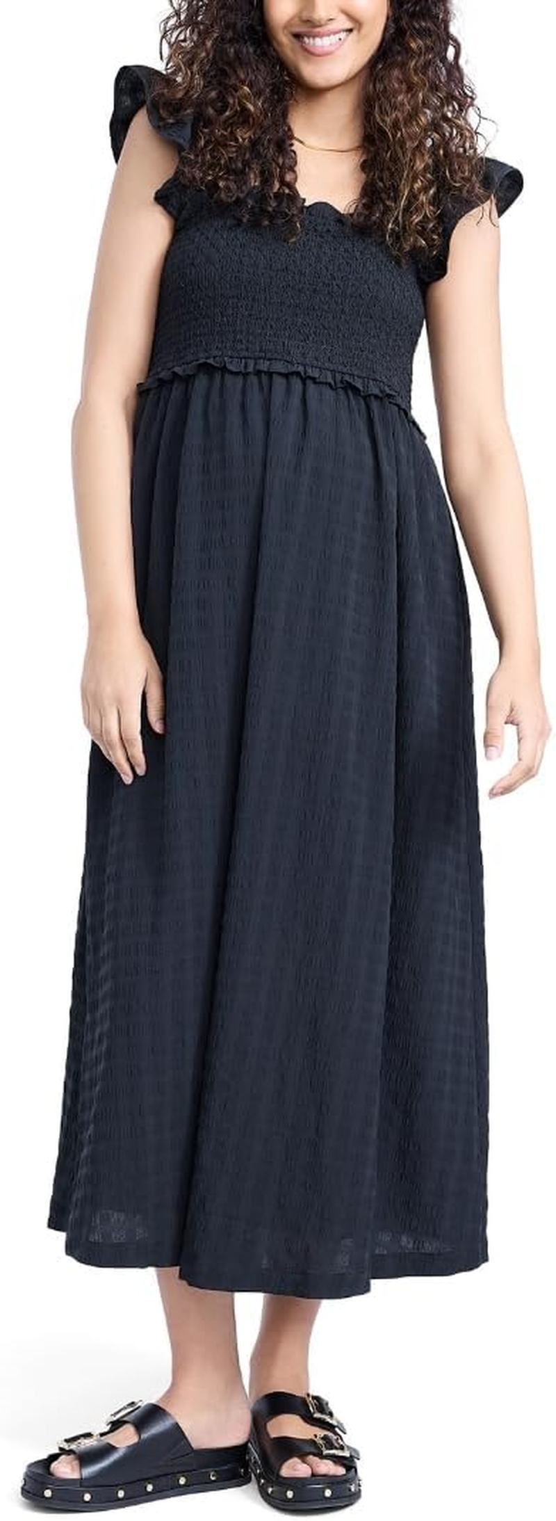 Motherhood Maternity Women'S Sleeveless Ruffle Shoulder Smocked Maxi Pregnancy Dress