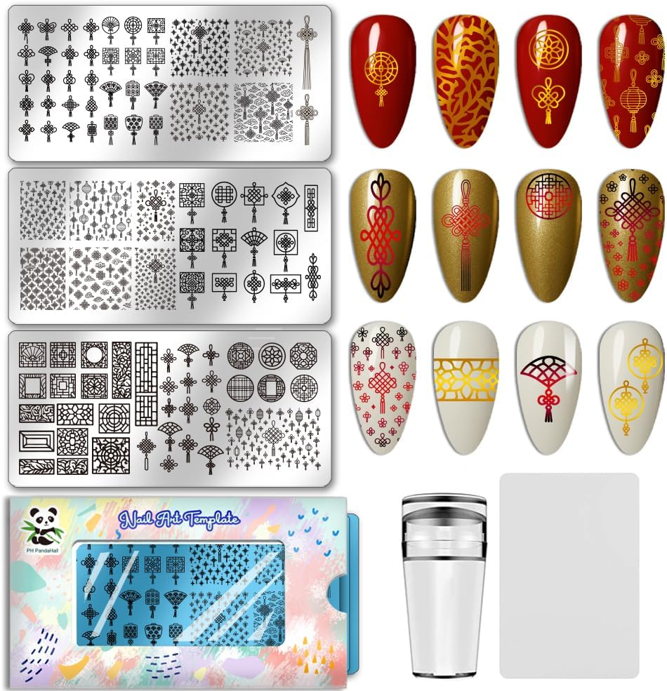 PH Pandahall 3Pcs Chinese Knot Nail Stamp Plate Chinese Style Manicures Art Template Window Lattice Pattern Nail Image Plate Stainless Steel Nails Stamper for Women DIY Manicures Salon Decoration image number 3