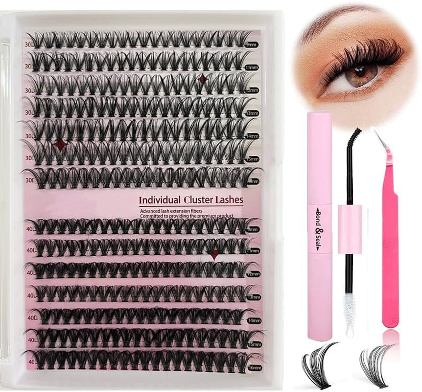 Biubiu Lash Extension Kit DIY 280Pcs Lash Clusters Eyelash Extension Kit, 9-16Mm 30D 40D Individual Lashes Kit with Lash Bond and Seal, Lashes Tweezers for Self Use (30D&40D, 0.07D, 9-16Mm, Kit)