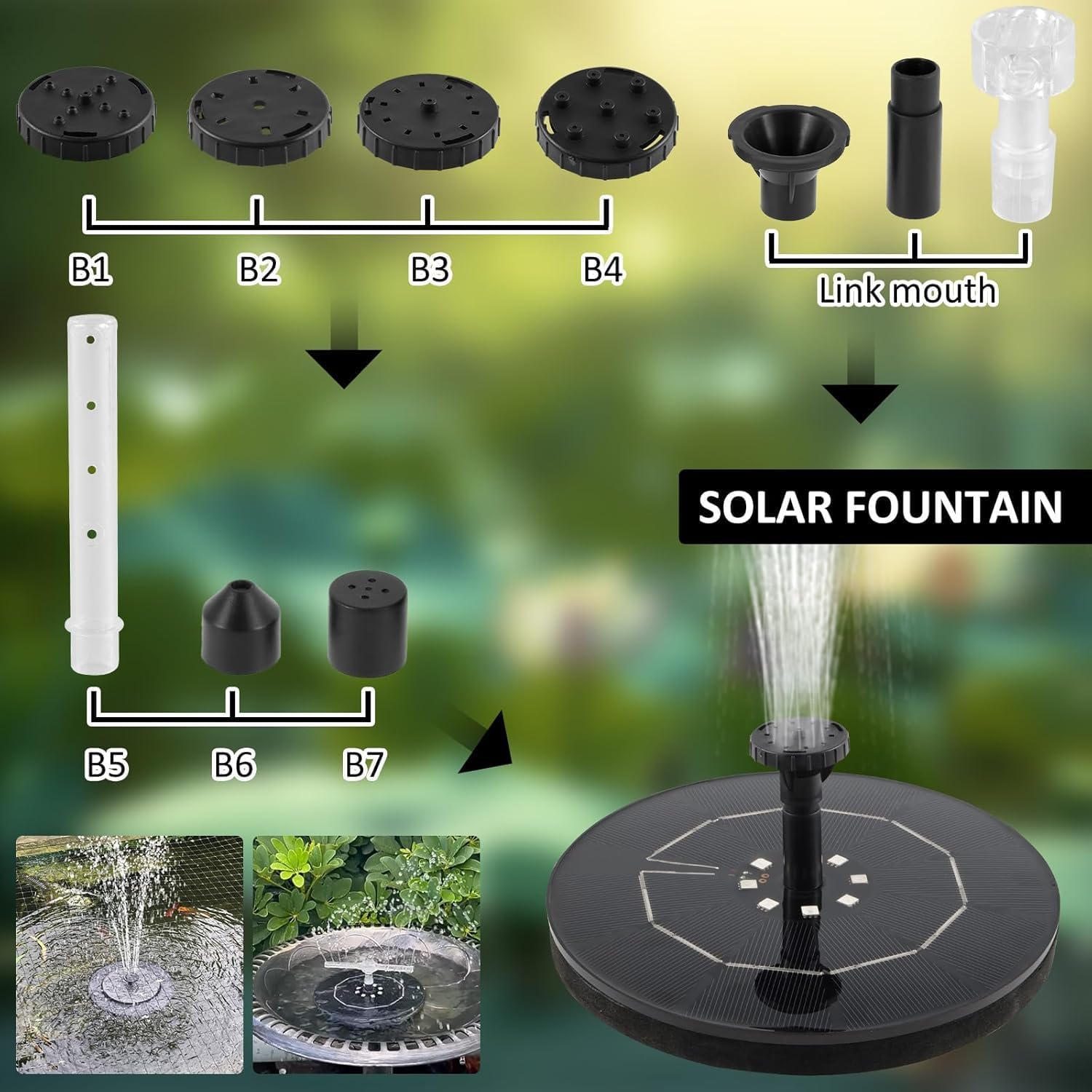 Solar Fountain, 8 Nozzle, LED Light, Rotating Stick Nozzle, Solar Bird Bath Fountain, Garden, Pond, Pool image number 5