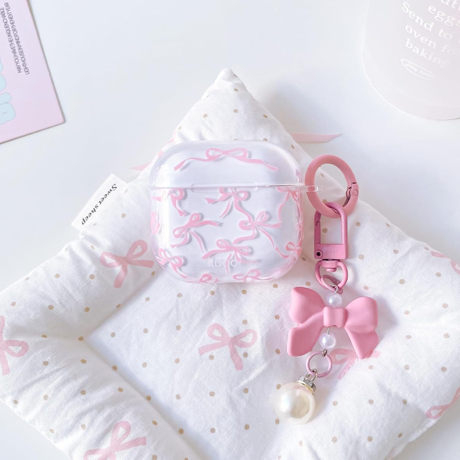 Lovmooful Compatible for Airpods 4Th Case Cute Clear Ribbon Bowknot with Lovely Pearl Chain Design for Women Girls Soft TPU Shockproof Protective Cover Case for Airpods 4 - (Pink) image number 2