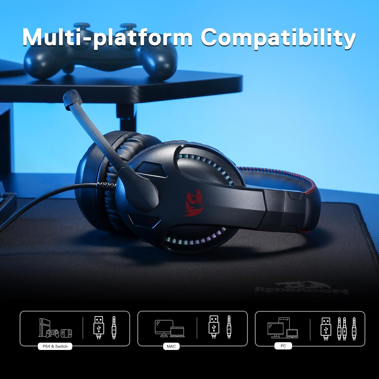 Redragon H211 RGB Wired Gaming Headset, 7.1 Surround Sound, Memory Foam Ear Pads, Lightweight Over-Ear Headset with Mic, Multi-Platforms Headphones, Works with PC, Xbox Series, NS - Black - White image number 7