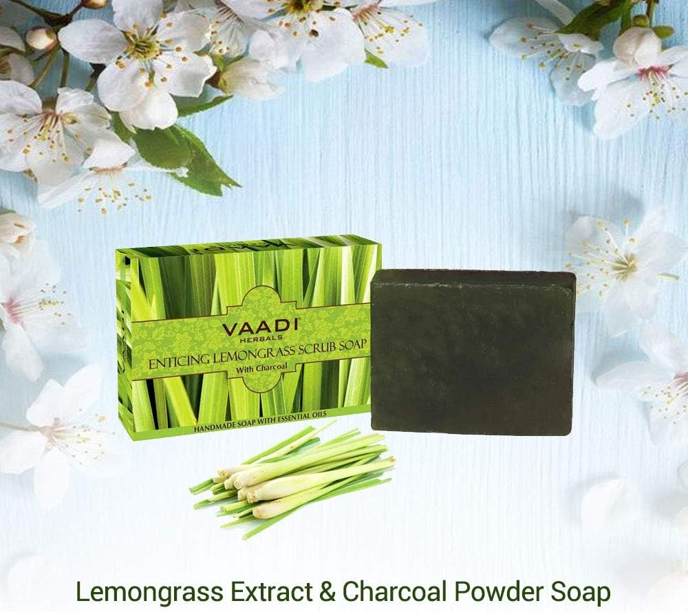 Vaadi Herbals Organic Body Soap Bar Enticing Lemongrass Scrub Soap with Activated Charcoal anti Bacterial Body Soap Bar Sulfate Free Exfoliating Soap - Handmade Herbal Soap (Aromatherapy) with 100% Pure Essential Oils - Deep Pore Cleansing Removes Pimples Oil Control All Skin Type 3 X 75 Gm image number 3