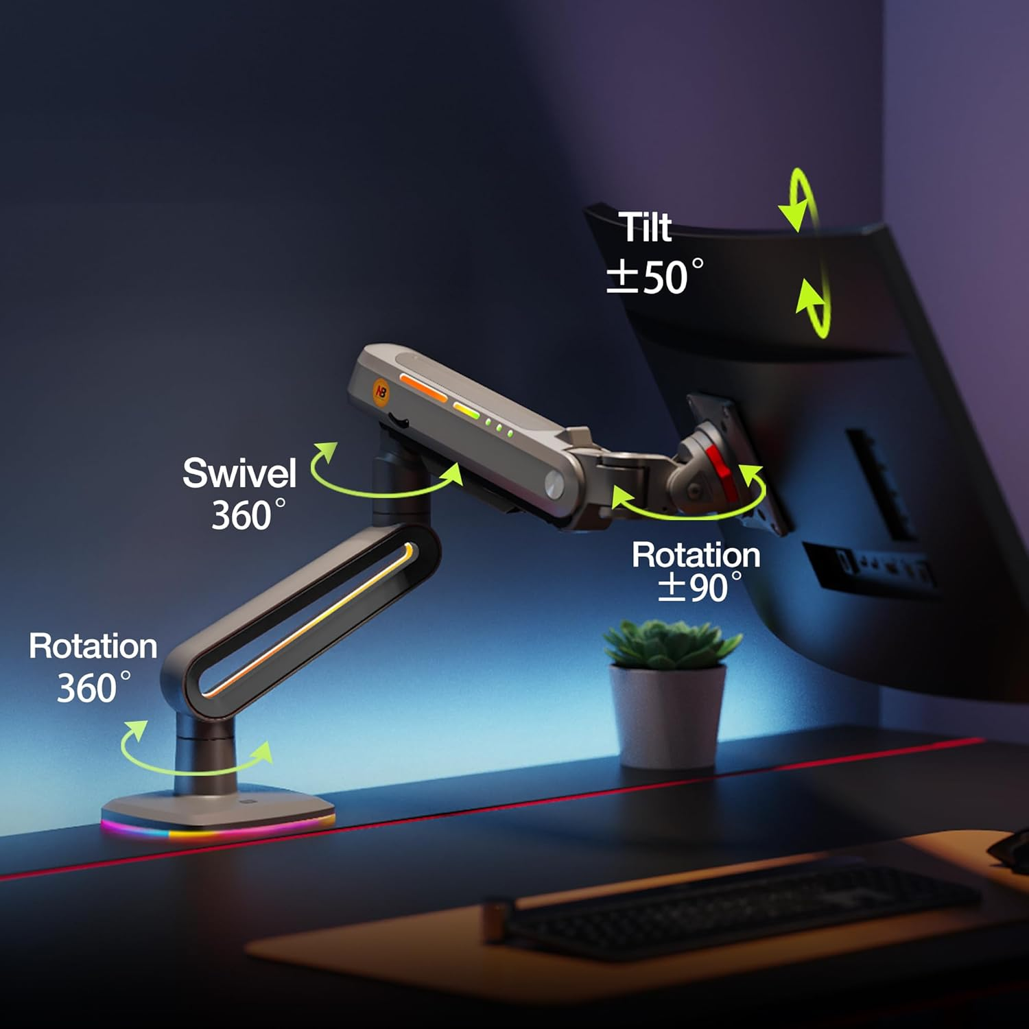 RGB Gaming Monitor Arm for Flat/Ultrawide/Curved Monitors 32 to 60 Inch, Heavy Duty Monitor Stand Load up to 20 Kg, VESA 75/100 Mm Monitor Mount F6-G