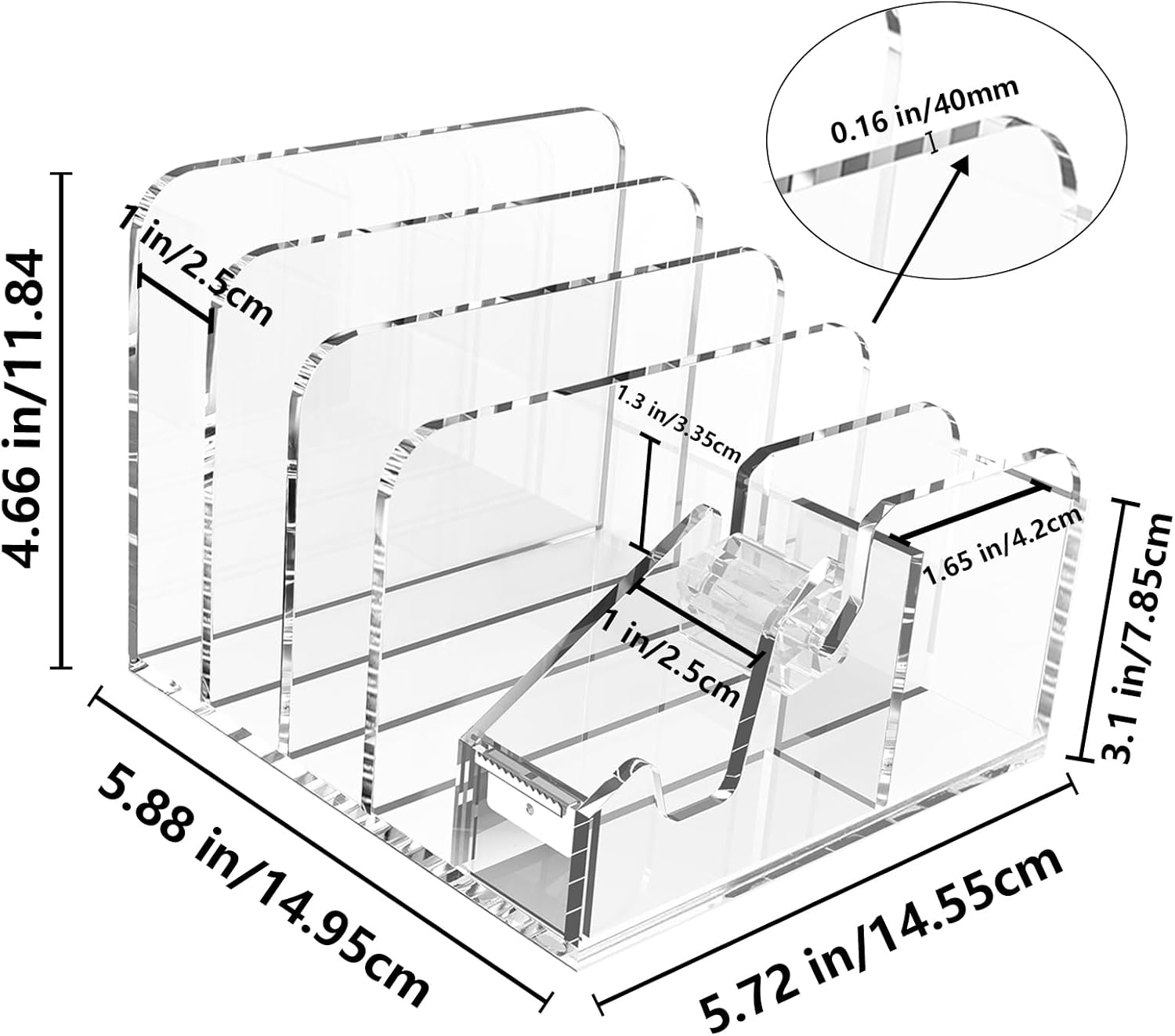 Merrynine Acrylic Desk Organizer, Clear Desk Storage with 4 Compartments, Pencil Holder for Office,Home, School Desk Organization image number 5