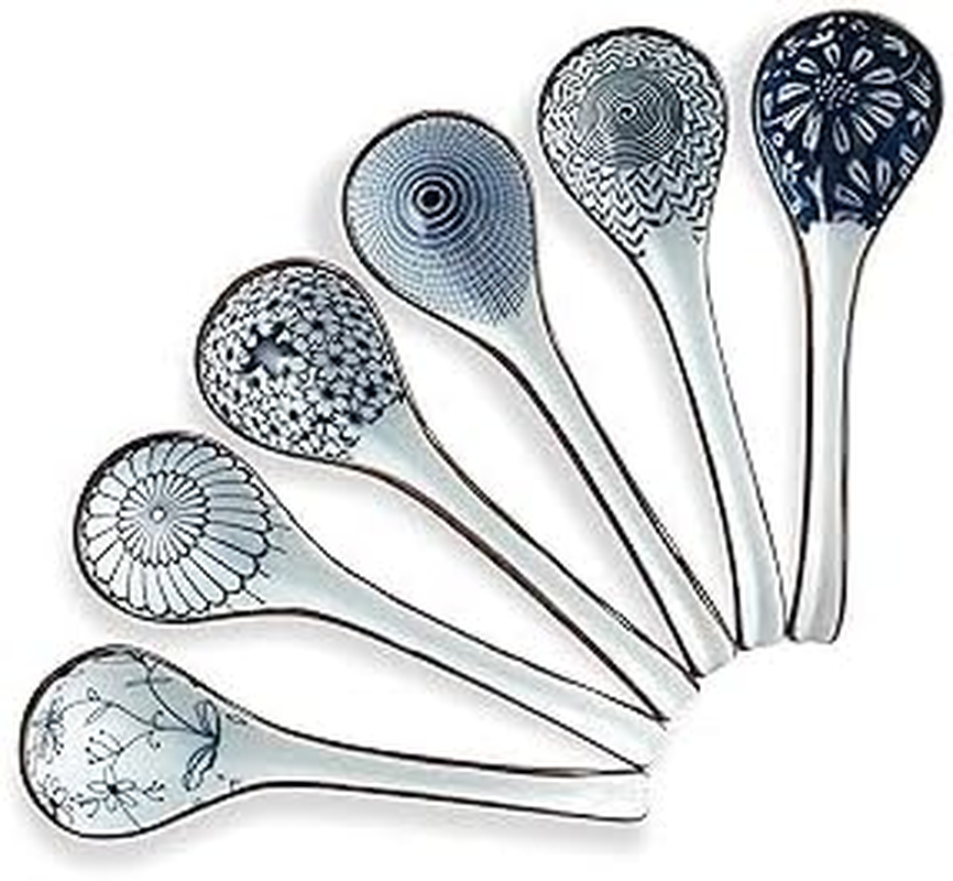Ceramic Asian Soup Spoons, Easy to Hold, Long Handle Perfect Depth Spoon Set for Japanese Ramen Noodles, Chinese Dumpling, Pho, Miso, Wonton, Dishwasher Safe -Set of 6 - Bluea image number 2