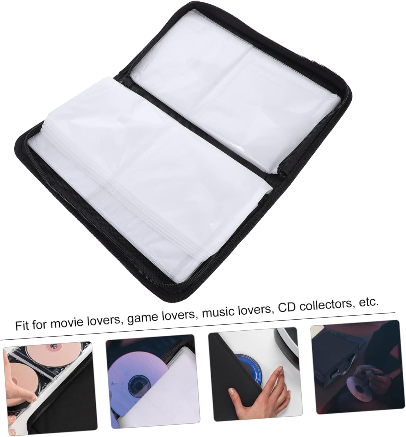 CD Case, 80 Car Capacity DVD Disc Storage Binder Wallet, Portable Nylon CD Organizer, Zipper Protective CD Case Holder for Home, Car, Travel, Office (Black) image number 4