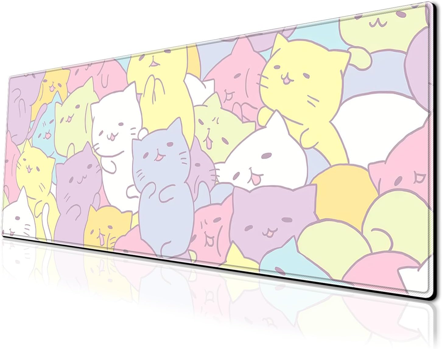 Anime Cute Cat Gaming Mouse Pad Colorful Large Desk Mat, 31.5X11.8 Inch Mousepad Extended Non-Slip Rubber Base Keyboard Mat with Stitched Edges for Desk Home Office - Black Cat3 image number 6