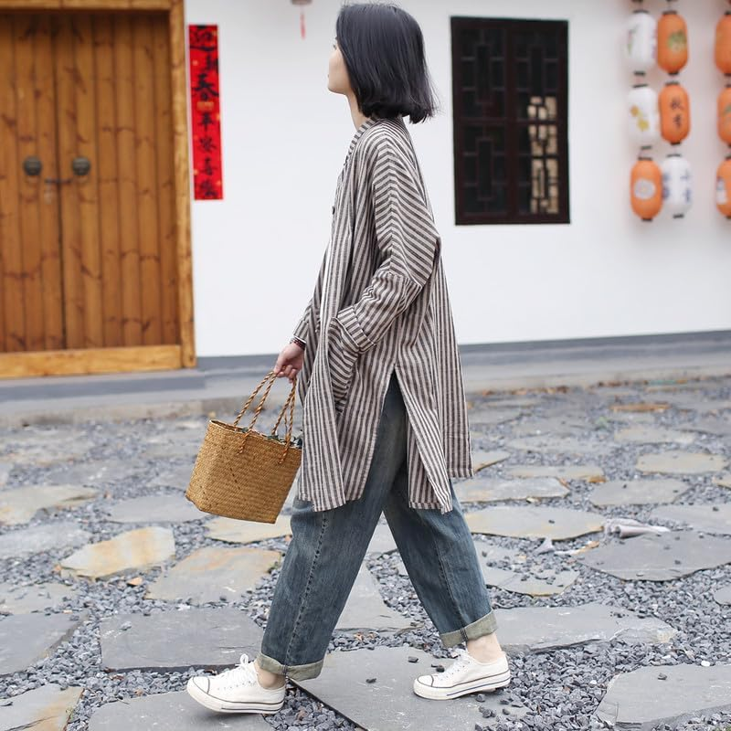 Women'S Vintage Linen Cotton Long Shirt Loose Fit Striped Tops with Pockets image number 4