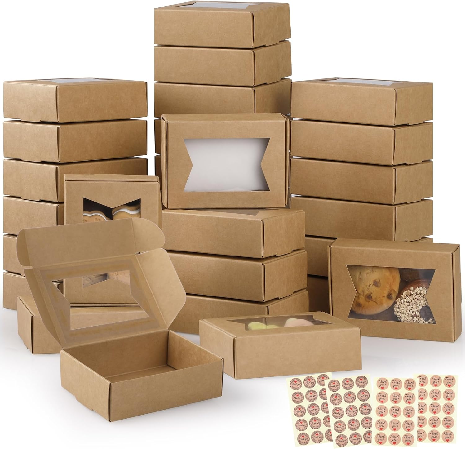 40PCS Mini Kraft Paper Boxes,Geeric Soap Gift Box with Clear Windows 9.7*7*3CM Small Bakery Box Present Treat DIY Essential Oil Candles Cookie Boxes for Candy,Chocolate,Jewelry,Wedding Party Favor