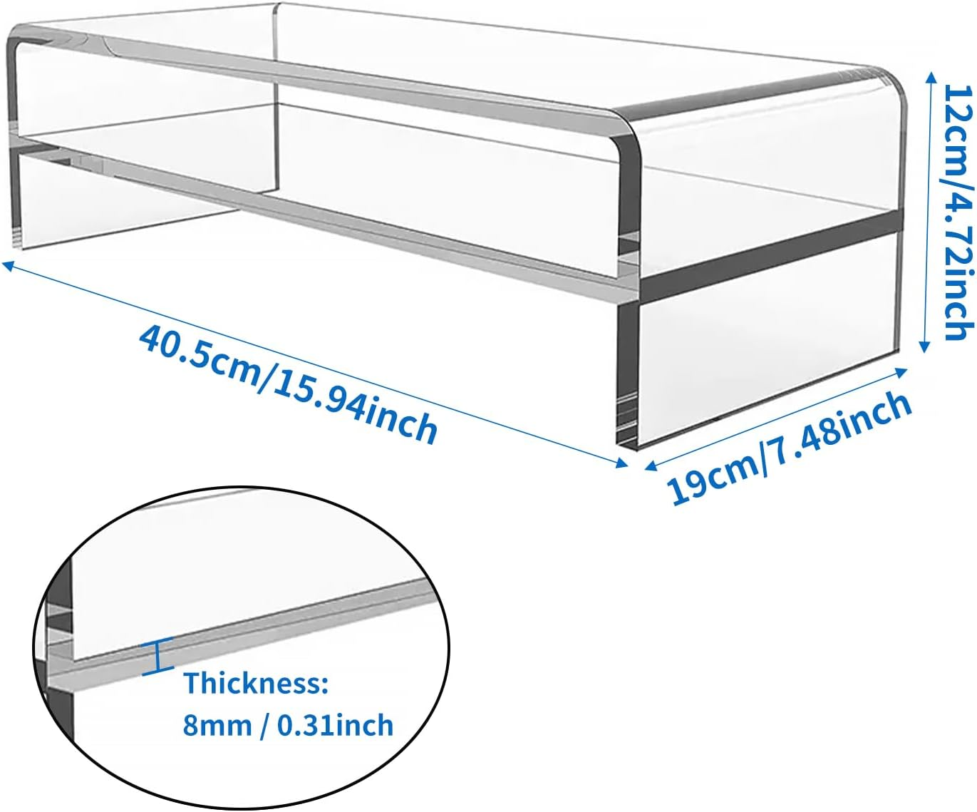Clear Acrylic Monitor Stand Riser1/ 2 Tier, 5.12 Inches High Clear Computer Desk Organizer Shelf for Multi Media PC Storage Laptop，Multimedia Riser for Home Office (Transparent, 40&times;20&times;12Cm（Two Floors）) image number 5