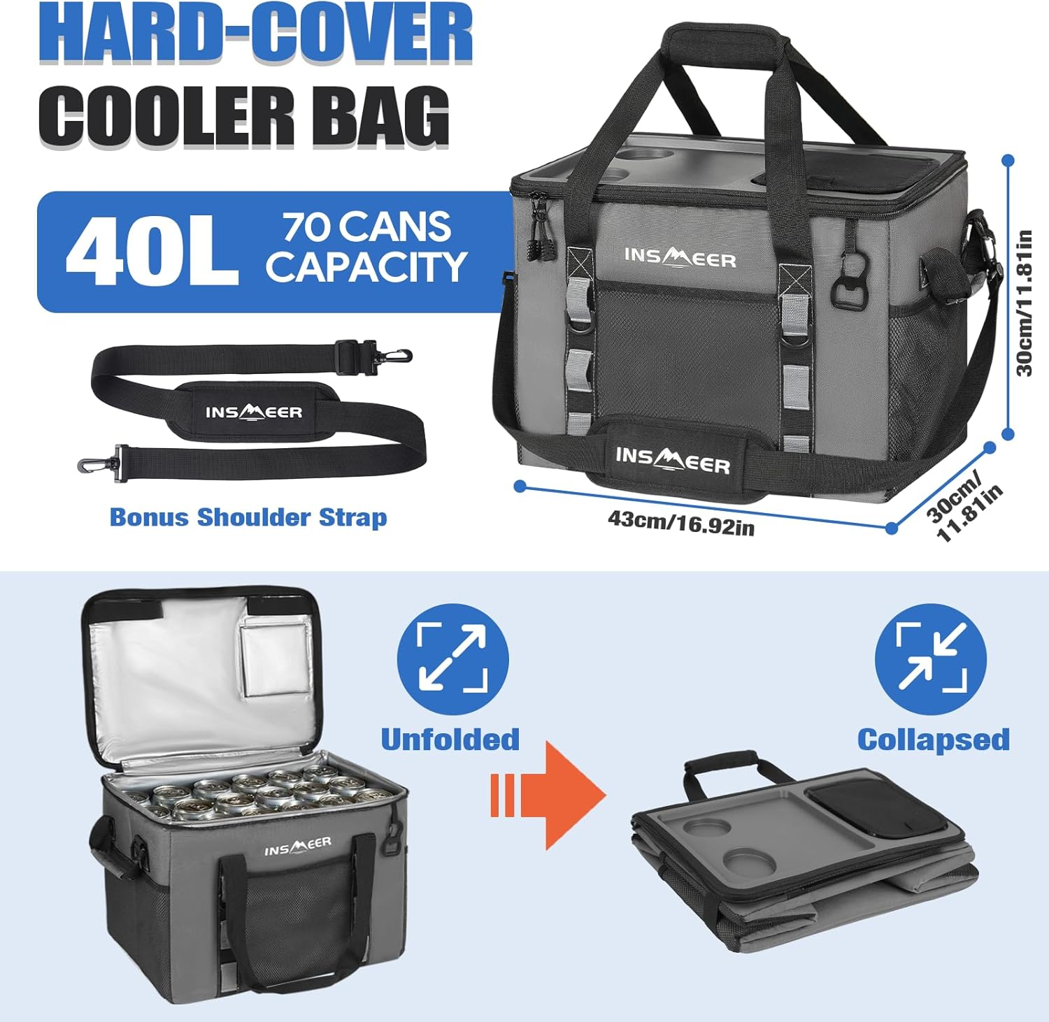 INSMEER Soft Cooler Bag with Hard Shell & 2 Cup Holders, Portable 40L/70 Cans Collapsible Cooler Insulated with Leakproof for Travel, Ice Chests and Coolers for Beach Camping Picnic image number 1