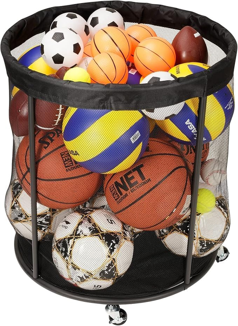 Soccer Mesh Equipment Ball Cart &ndash; Ball Storage Organizer for Basketballs, Volleyballs, Soccer Balls &ndash; Garage Organizer Rack with Storage Net for Sporting Accessories