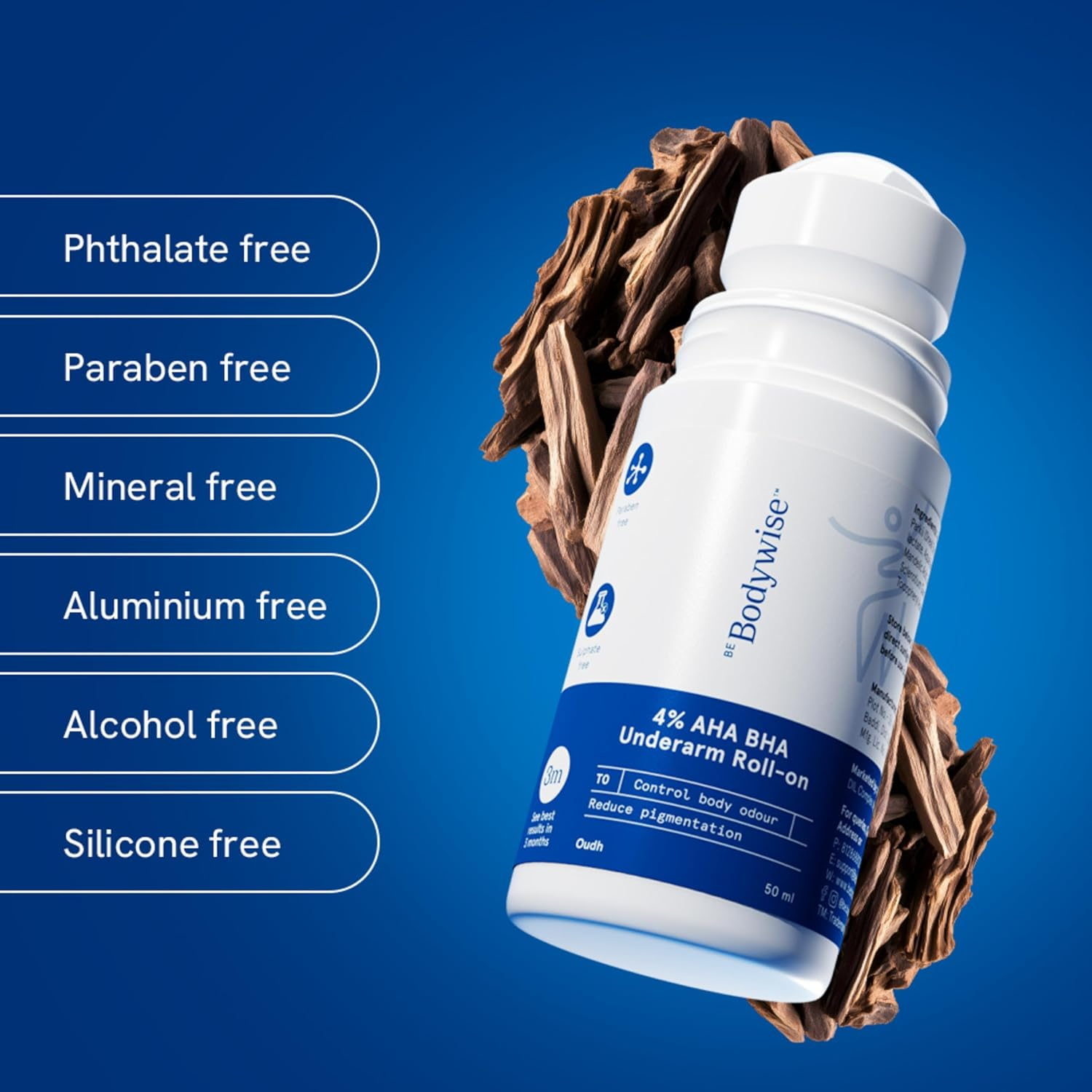 Be Bodywise 4% Aha Bha Underarm Roll on 50Ml | 2% Lactic Acid, 1% Mandelic Acid, 1% Salicylic Acid | Controls Odour & Reduces Pigmentation | 0% Alcohol & 0% Aluminium | Oudh Fragrance image number 3