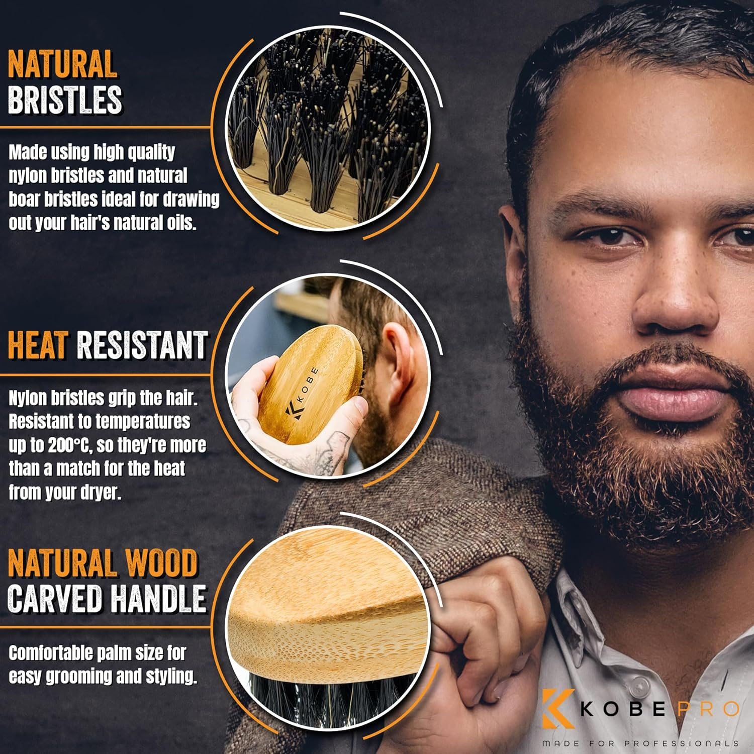 Kobe Palm Men'S Military Style Boar Bristle Hair Brush/Beard Brush - Hand Sized Beard Brush for Men - Perfect for Beard Care - Works Well with Beard Oils (Bamboo)