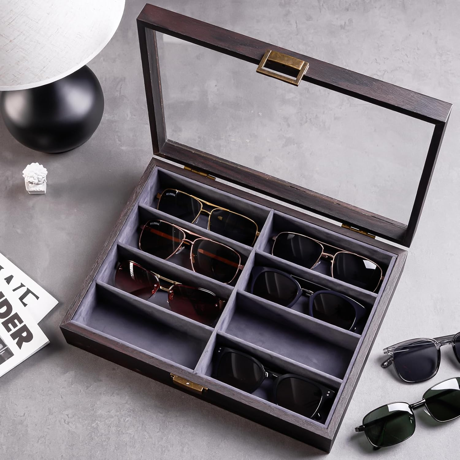 Procase 8 Slots Wooden Sunglasses Case Organizer Trays for Men Women, Glass Display Case Multiple Pairs Eyewear Eyeglass Holder Storage Box - Black image number 5