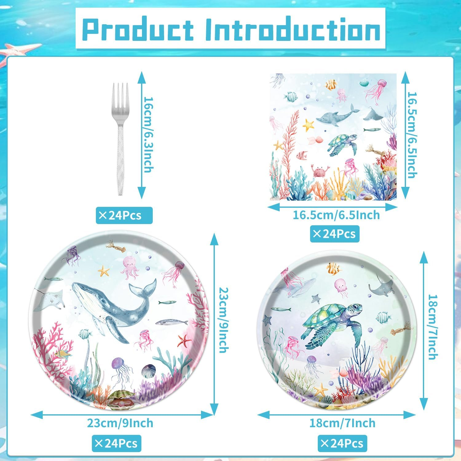 Under the Sea Party Decorations, 96PCS Ocean Themed Party Plates and Napkins Forks Decorations, Ocean Animals Disposable Underwater Whales Dolphins Baby Shower Supplies Serve 24 image number 4
