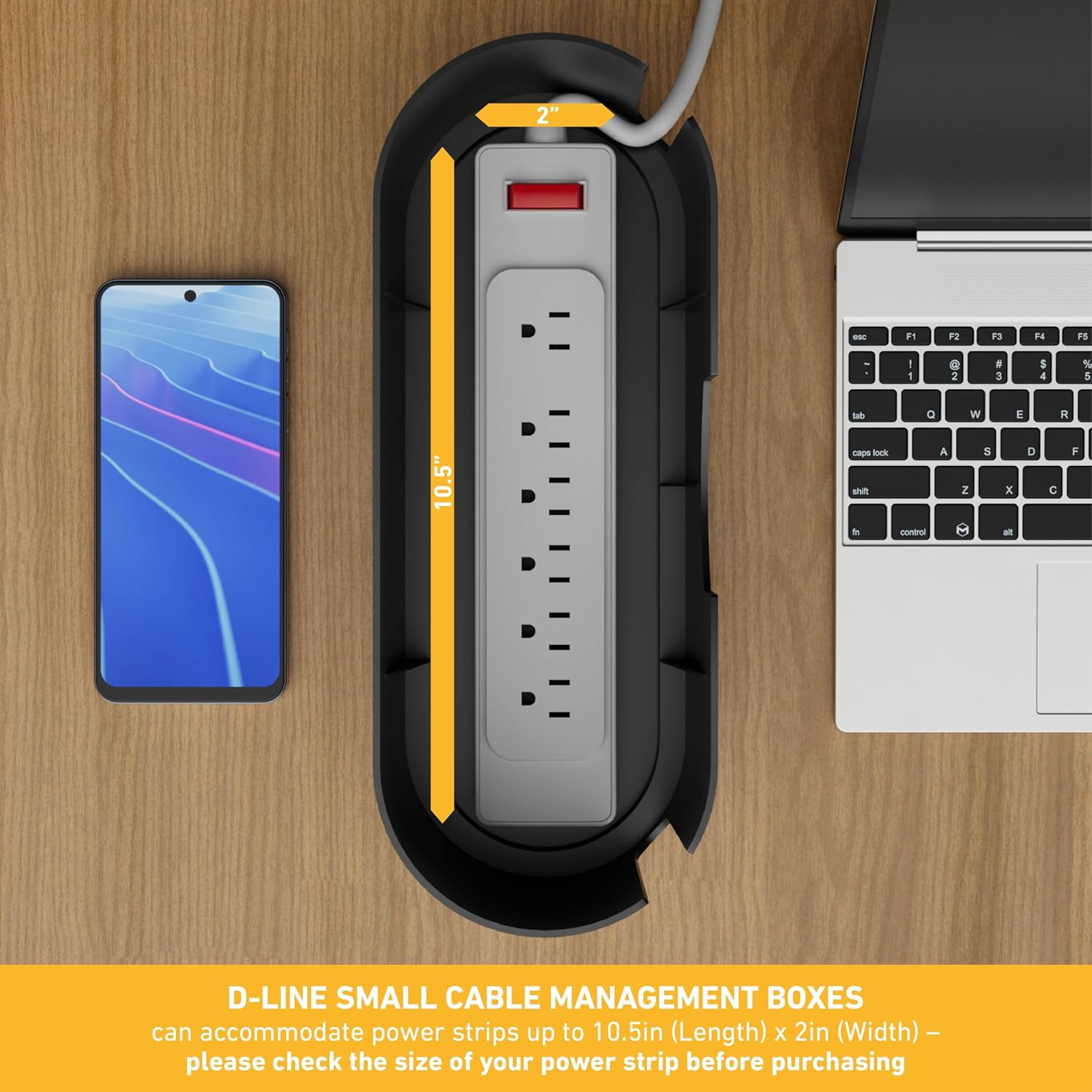 D-Line Cable Management Box | Hide and Conceal Power Strips and Electrical Cords from Tvs, Computers, Gaming Consoles and Pcs | Cord Organizer Made from Electrically Safe ABS Material | Small, Black image number 1