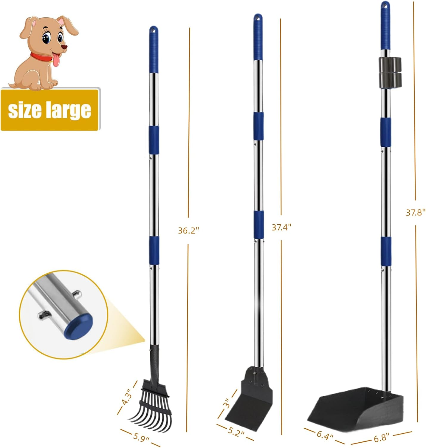Dog Poop Scooper Set, Pet Poop Pick up Scooper, 3 Pcs Adjustable Long Handle with Metal Tray, Rake and Spade for Pet Waste Removal, No Bending Clean up Dirt, Gravel, Lawns, Grass image number 1