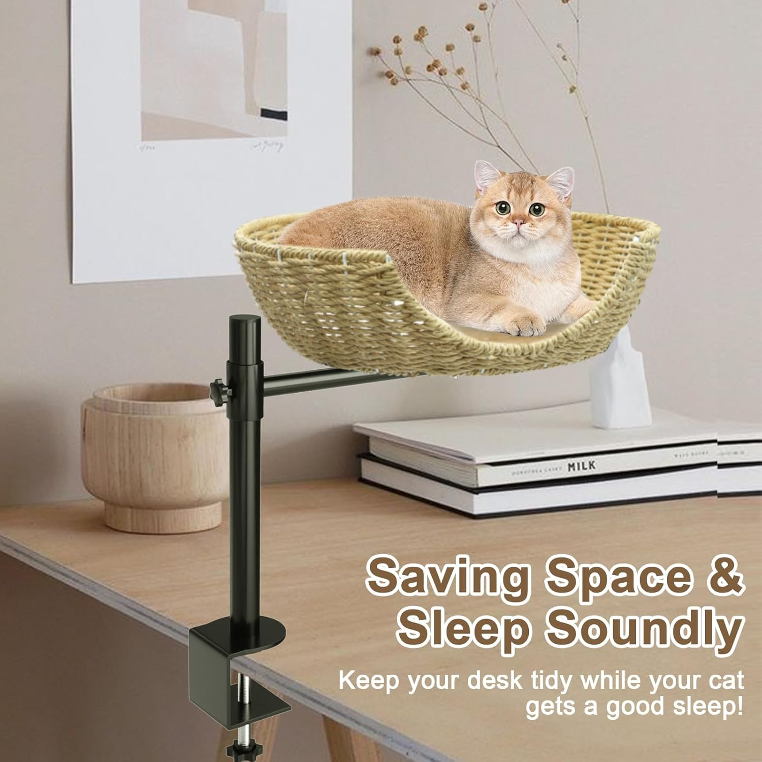 PTEROMYS Cat Desk Bed, Cat Bed for Desk Perch with Paper Rope Material, Steel Frame, Adjustable Height, 360 Rotating Cat Desk Bed, Suitable for Cats 22 Pounds (Beige) image number 2