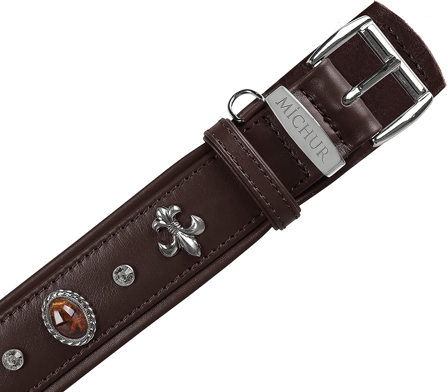 MICHUR Mateo Leather Dog Collar Brown Leather with Lilies Rhinestones and Large Brown Stone Leather Collar for Dog