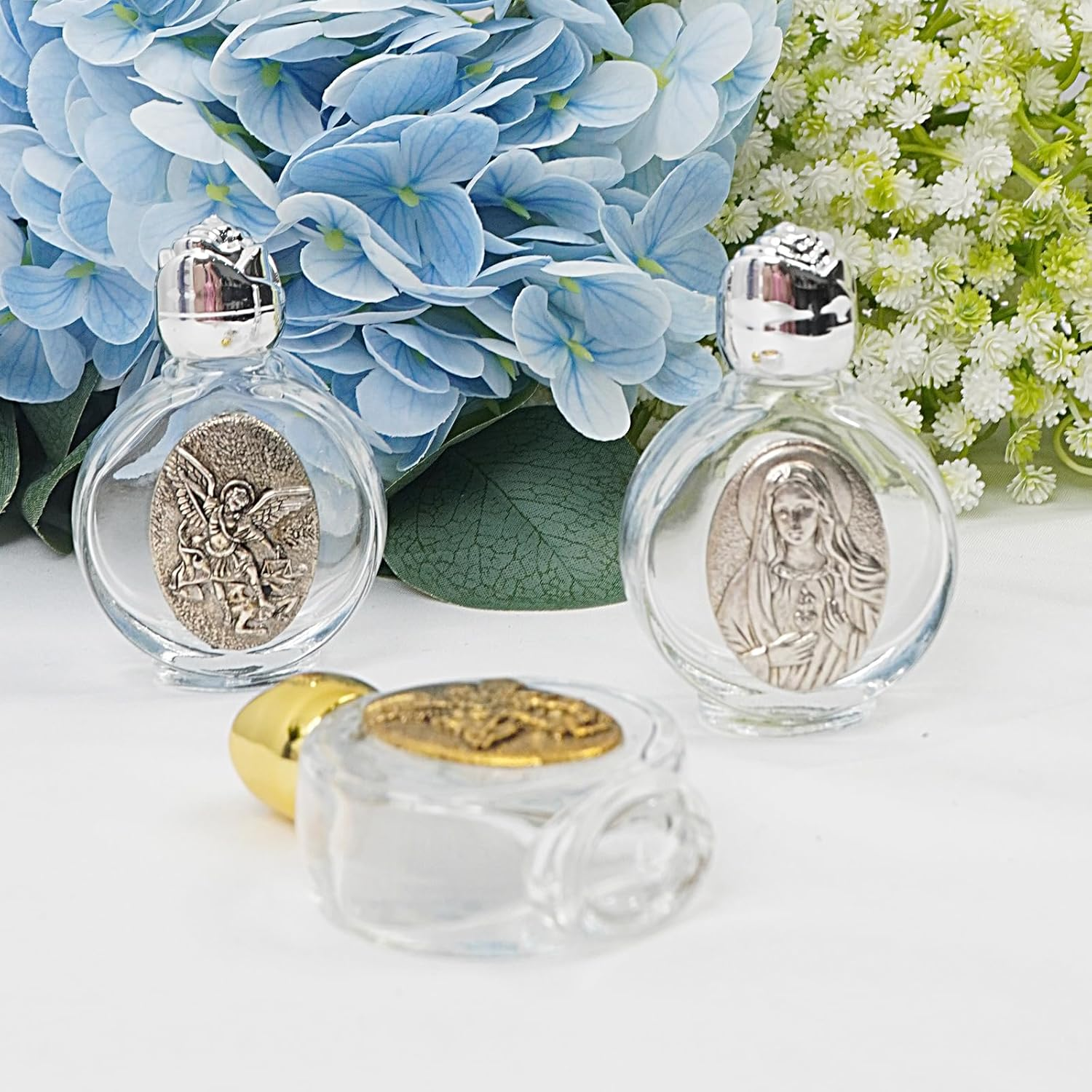 12 Pcs Embossed Holy Water Bottles 0.5 Floz Glass Water Bottle Portable Holy Water Container Church Blessing Decorations Bottles for Home Wedding Baptism Party Favors(Gold,Immaculate Heart of Mary) image number 3
