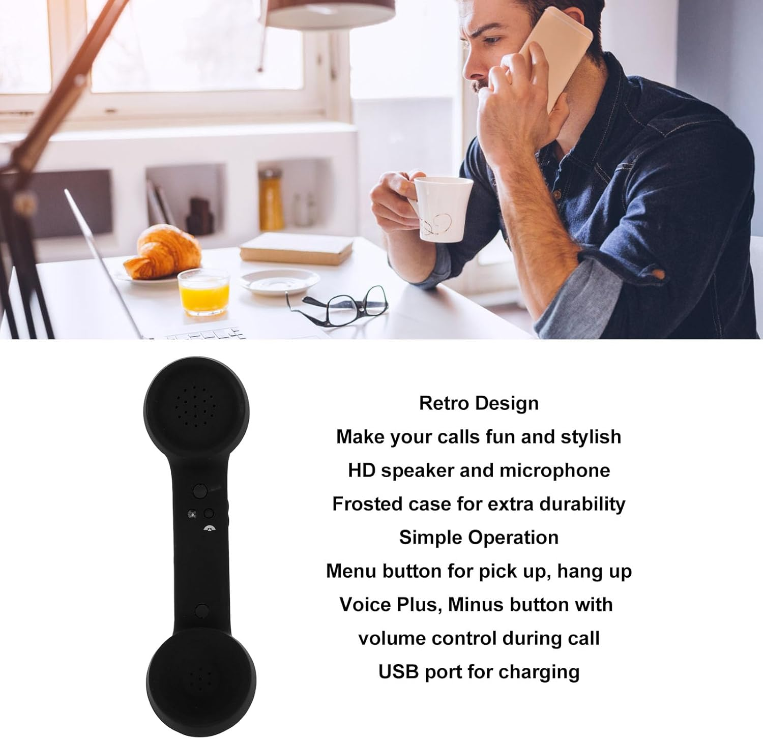Wireless Retro Telephone Handset, Bluetooth Radiation Proof Handset Receivers Headphones for a Mobile Phone with Comfortable Call (Black) - Black image number 3