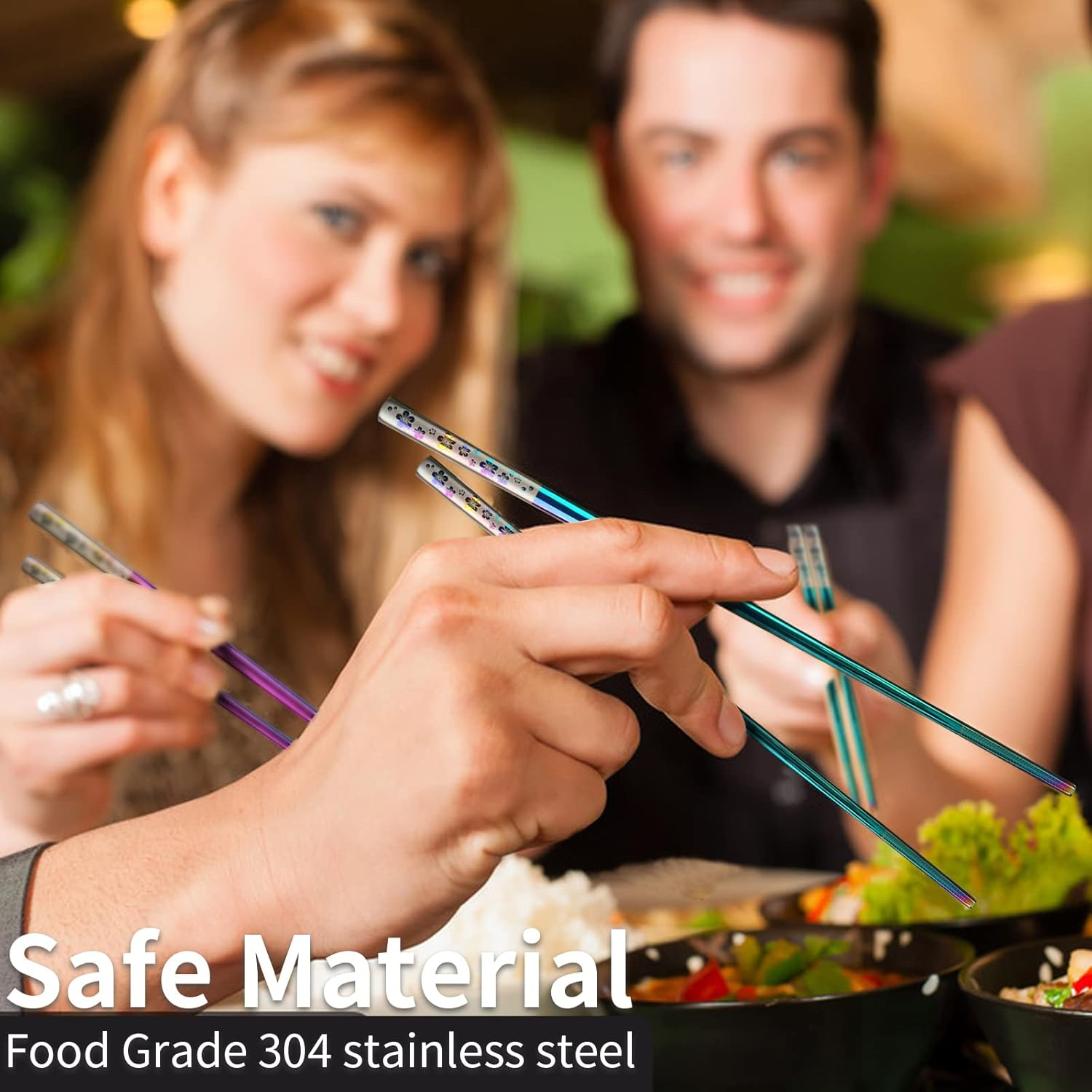 YOZOTI Stainless Steel Rainbow Color Chopsticks, Reusable Chopsticks , 5 Pairs Dishwasher Safe Metal Chopstick, Easy to Use, Square Lightweight Chop Sticks - Gift Set(Dazzling)