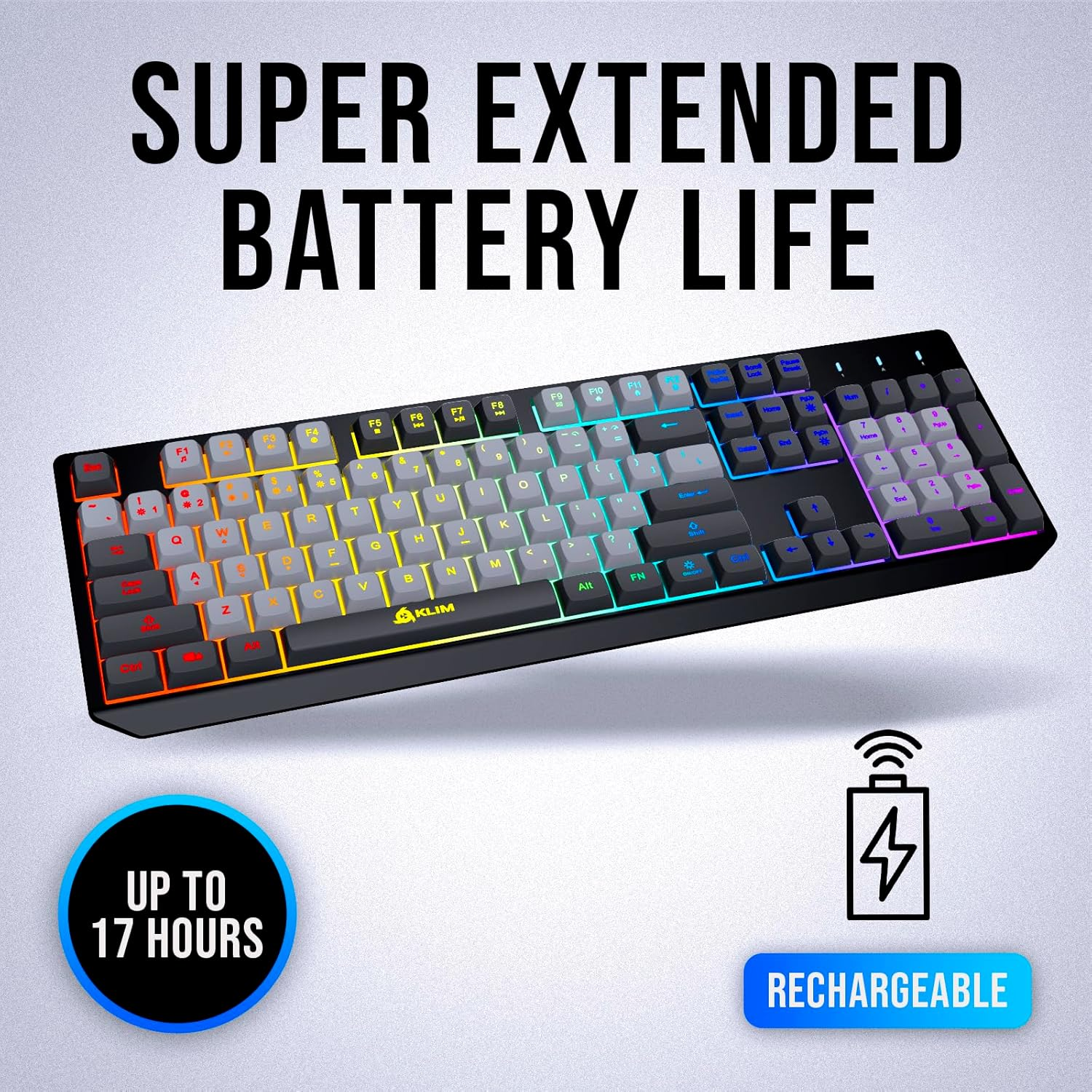 KLIM Chroma Wireless Gaming Keyboard RGB - Backlit Wireless Keyboard - Long-Lasting Rechargeable Battery - Quiet Water Resistant Ergonomic Keyboard - Teclado Gamer - PC PS5 PS4 Mac - Gray/Black image number 1