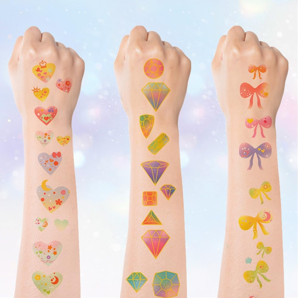 SOFPLATE 1 Box 36 Sheets 3 Styles Heart Stickers Tattoo Pastel Temporary Tattoo Bulk Pack Colourful Bow Tie Gemstone Diamond Cute Cartoon Stickers for DIY Crafts Photo Album Scrapbook Party D image number 3