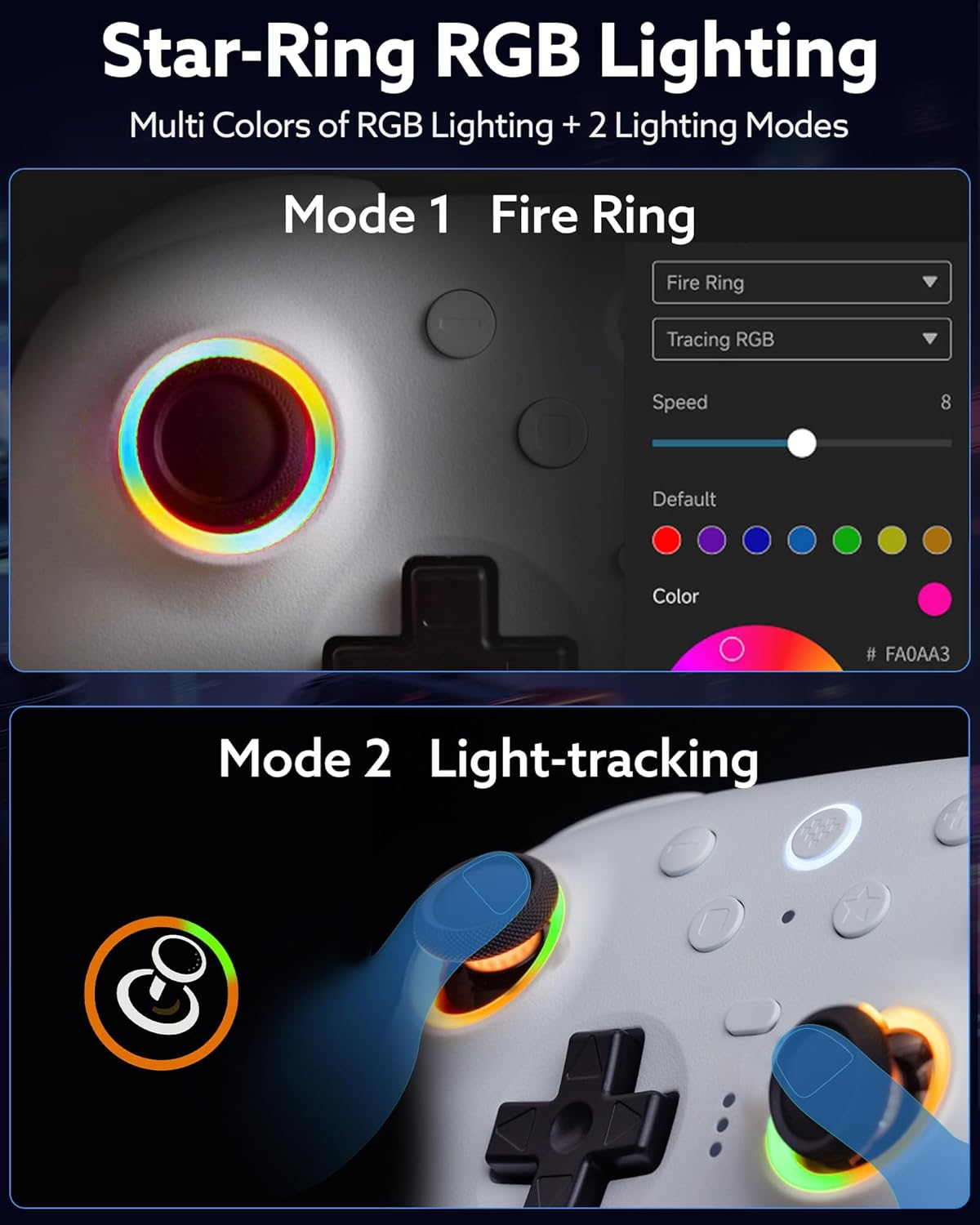 8Bitdo Ultimate 2 Bluetooth Controller (TMR Joystick Update), RGB Fire Ring, Switchable Hall Effect/Tactile Triggers, Vibration and Motion Control for Switch/Switch 2, Windows PC (White) image number 4