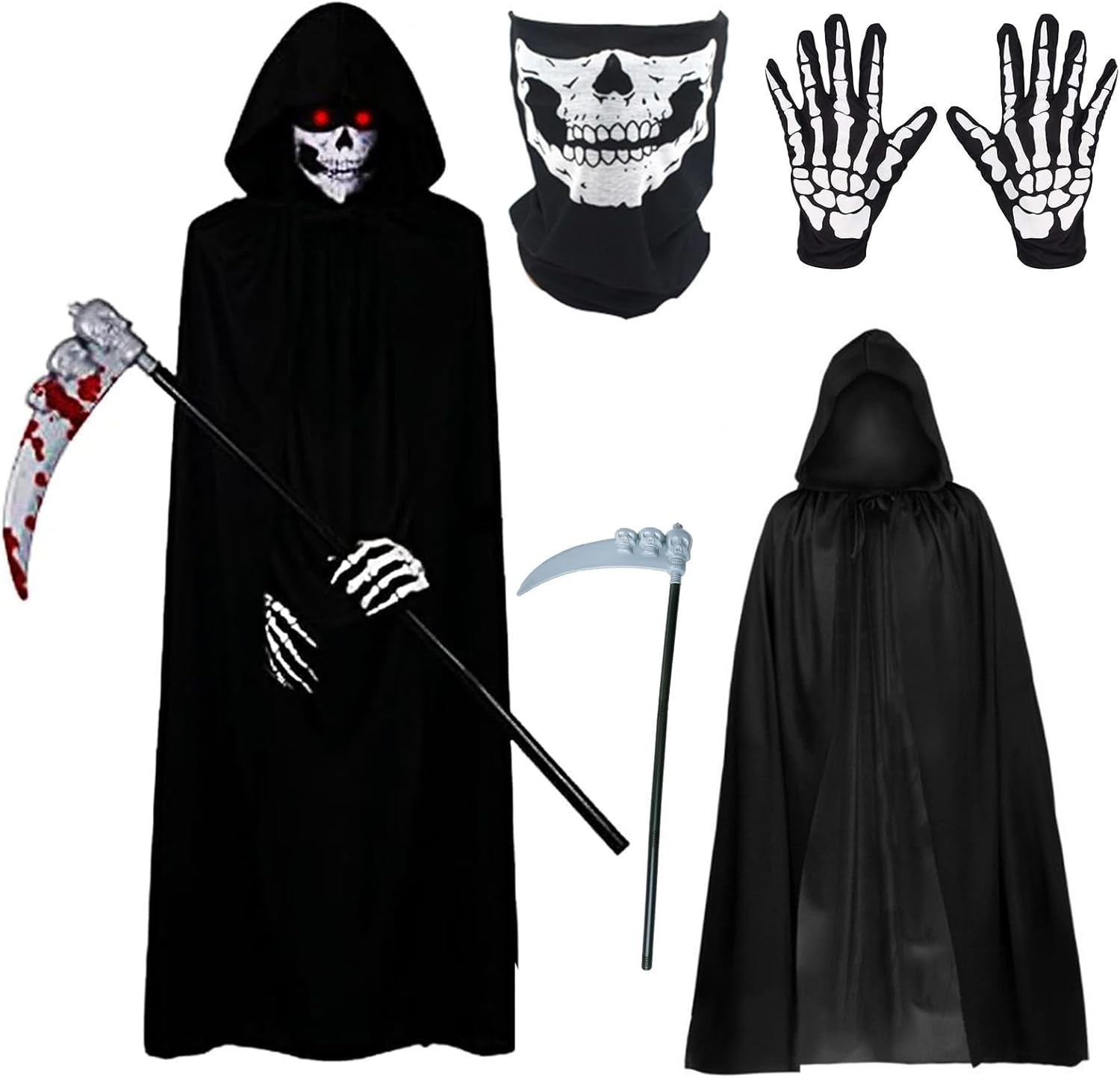 4 Piece Grim Reaper Costume Adult, Black Hooded Cloak Duty Ghost Mask Skeleton Gloves Scythe Vampire Scary Halloween Costume Fancy Dress