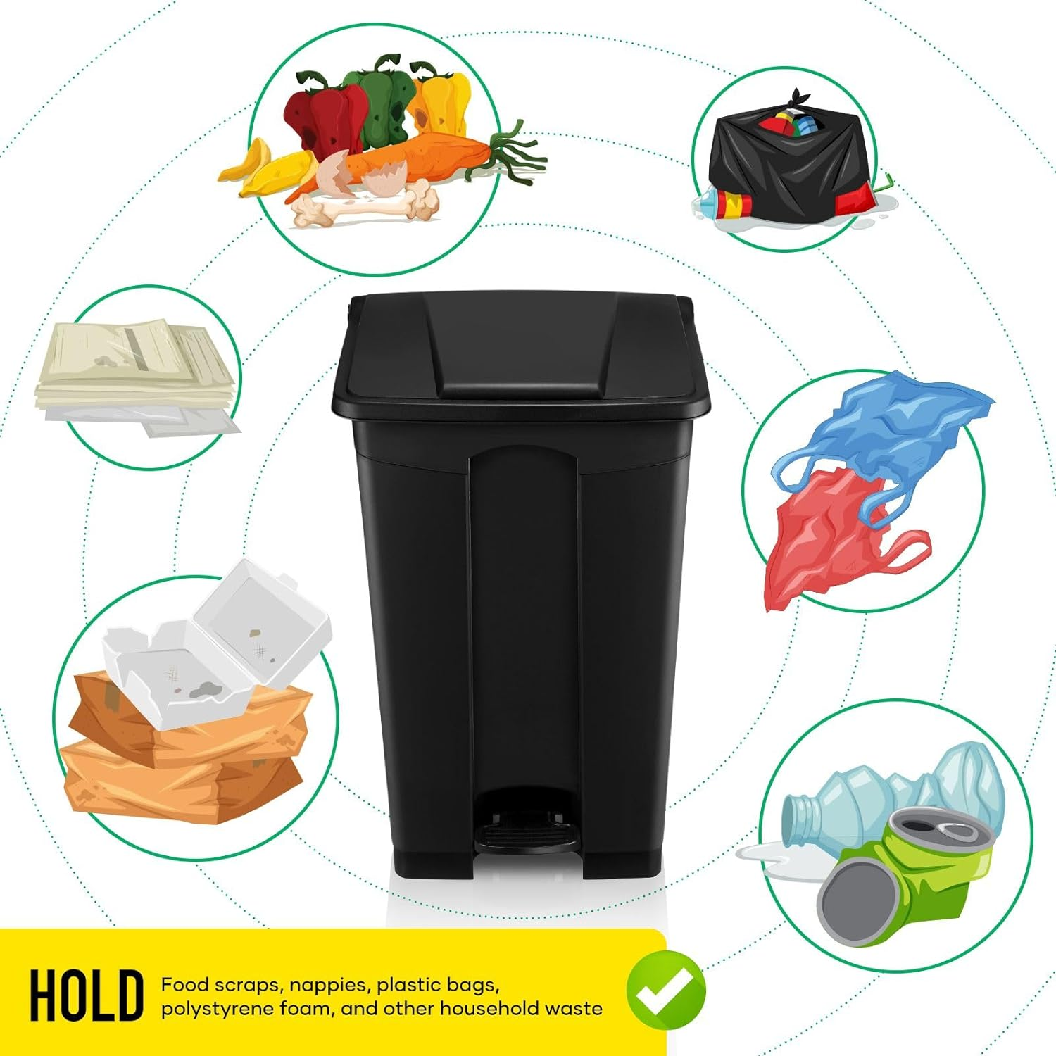 87L Plastic Rubbish Bin Foot Pedal Kitchen Trash Bin with Lid Mall Commercial Waste Bin Indoor Outdoor Large Dustbins Black 50X40X83Cm image number 6