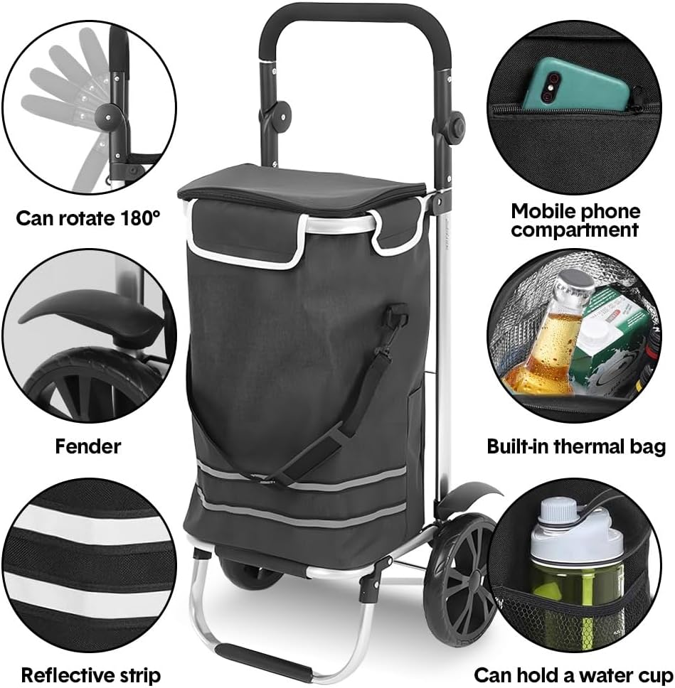 ALSTON Foldable Shopping Trolley Cart Multifunctional 41L Large Capacity Hand Carry Bag Aluminium Frame with Removable Zipped Bag Side Pockets and Wheels Black