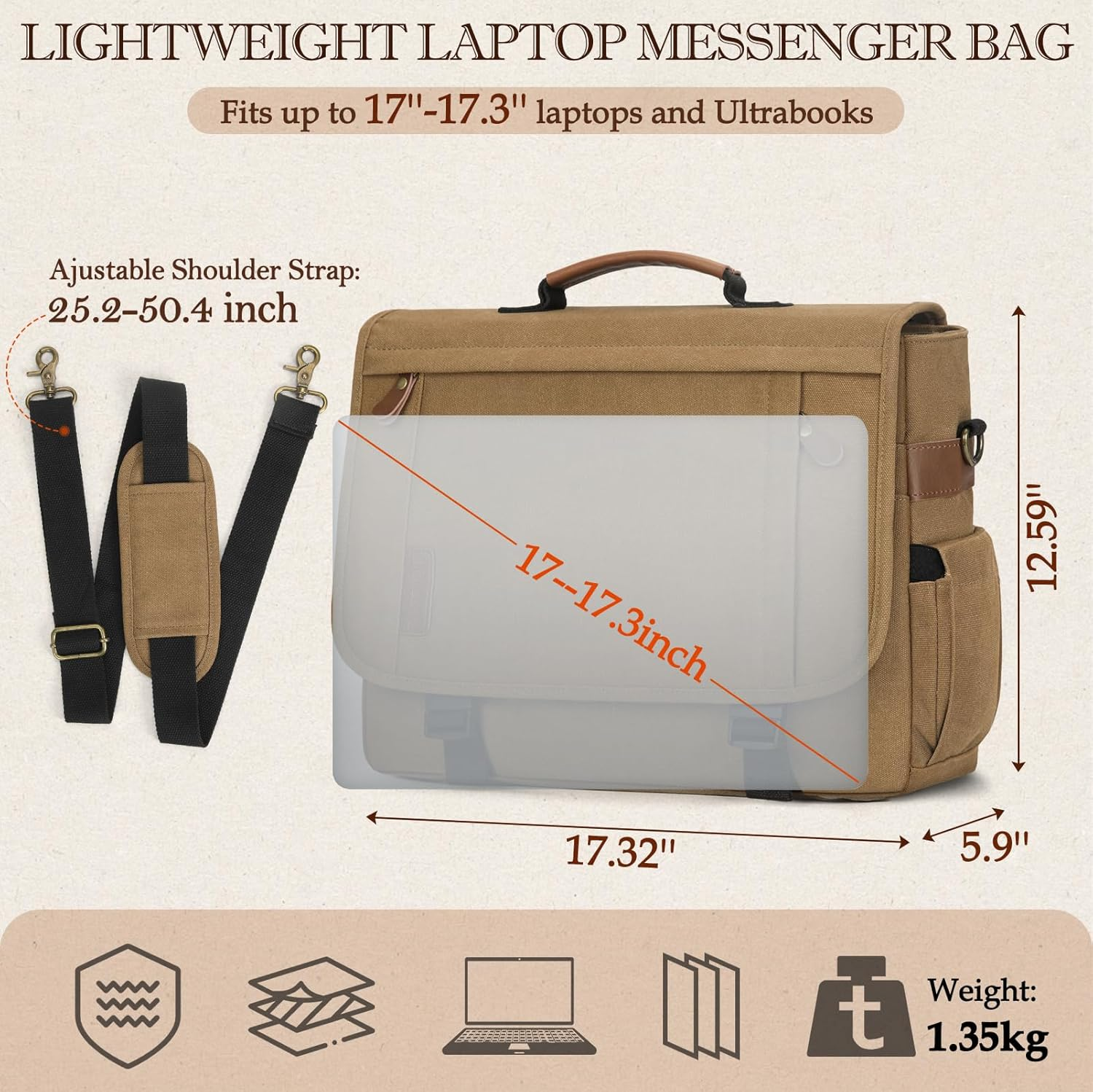 Messenger Bag for Men 17-17.3 Inch Laptop Bag Water-Resistant Canvas Computer Shoulder Bag Office Work Briefcase Large Casual Satchel Bags for Men Bookbag for College - Khaki image number 4