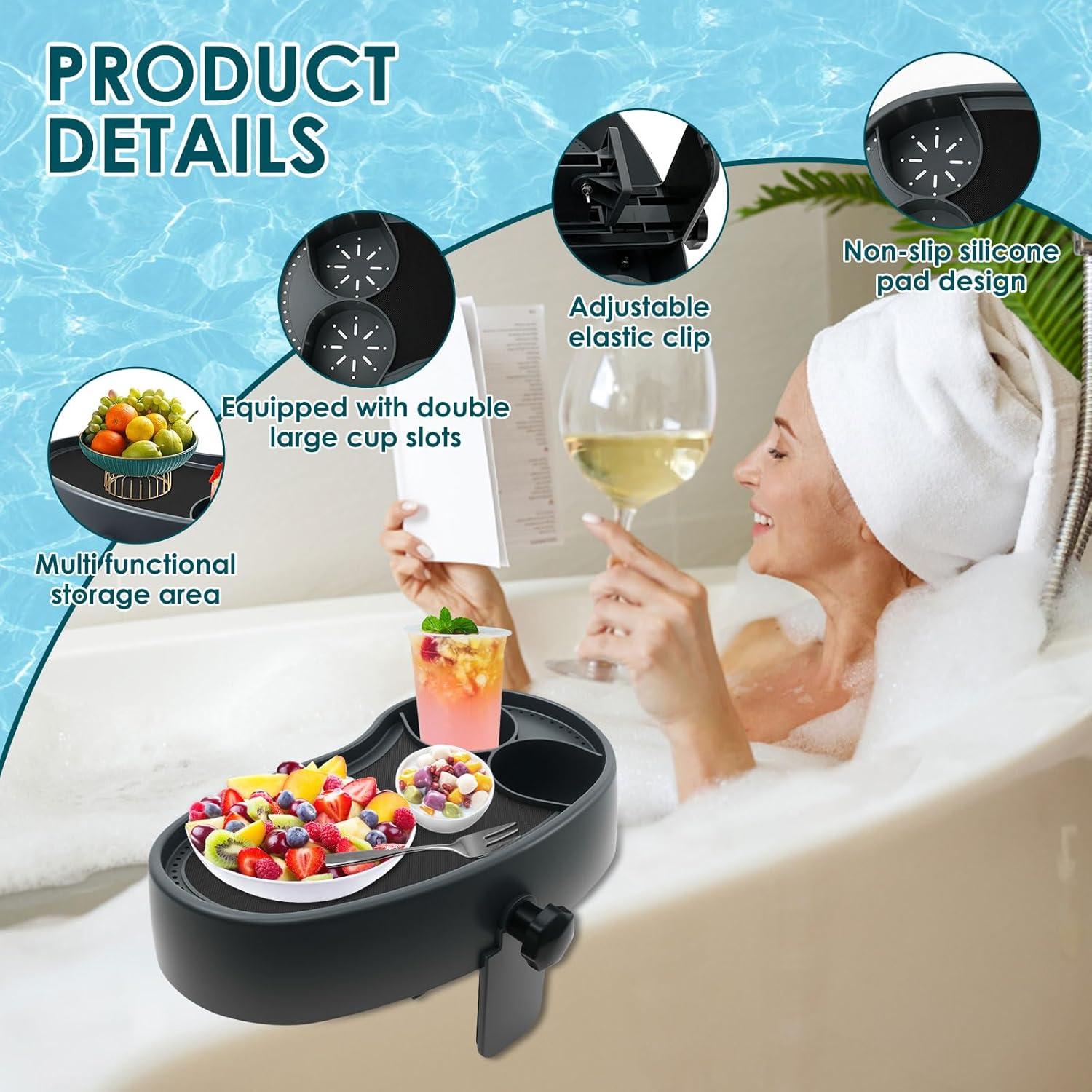 Hot Tub Table Tray with 2 Cup Holders Adjustable Aboveground Bathtub Tray Clamps to Side of Aboveground Bathtub with Wall Thickness of 2.4'' to 7.5'' image number 3