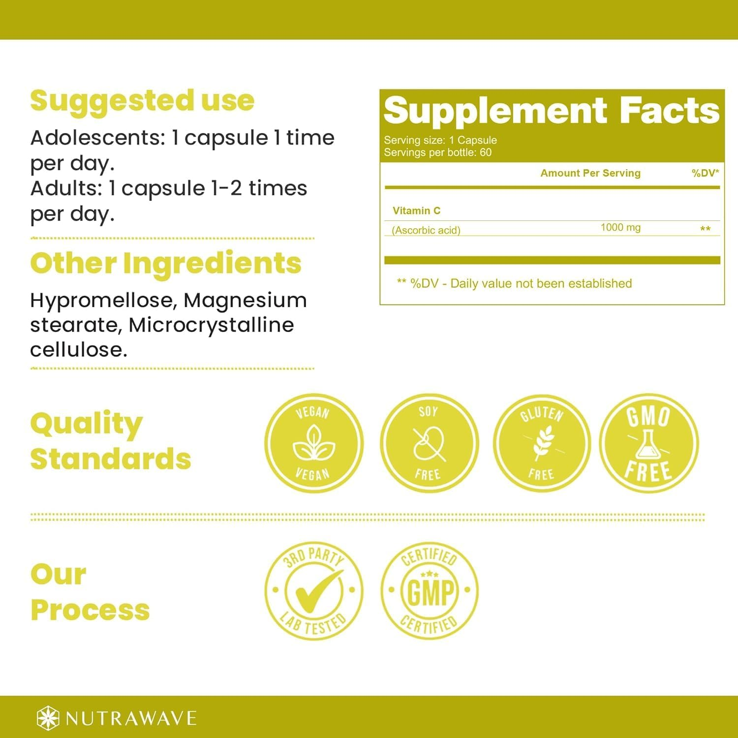 Nutrawave EXTRA STRENGTH Vitamin C &ndash; 120 Vegan Capsules, Supports Nutrient Intake for Skin, Bones & Teeth &ndash; Non-Gmo, Gluten-Free image number 1