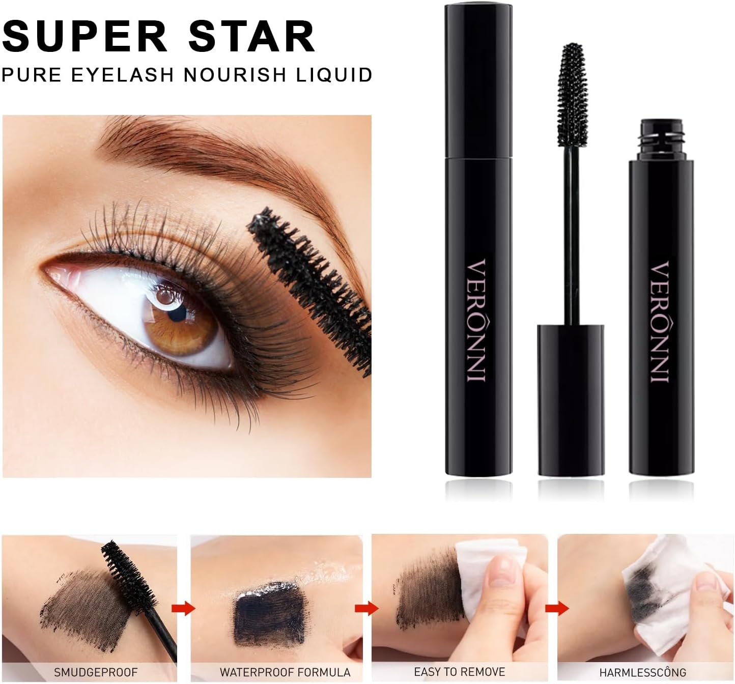 VERONNI Black Waterproof Mascara, Curling Thick Lengthening Eyelash Mascara, Lifts and Extends Lash Length, Clump Resistant, Non-Smudge Eyelash Colorful Extension Curl Mascara Makeup (Black) image number 5