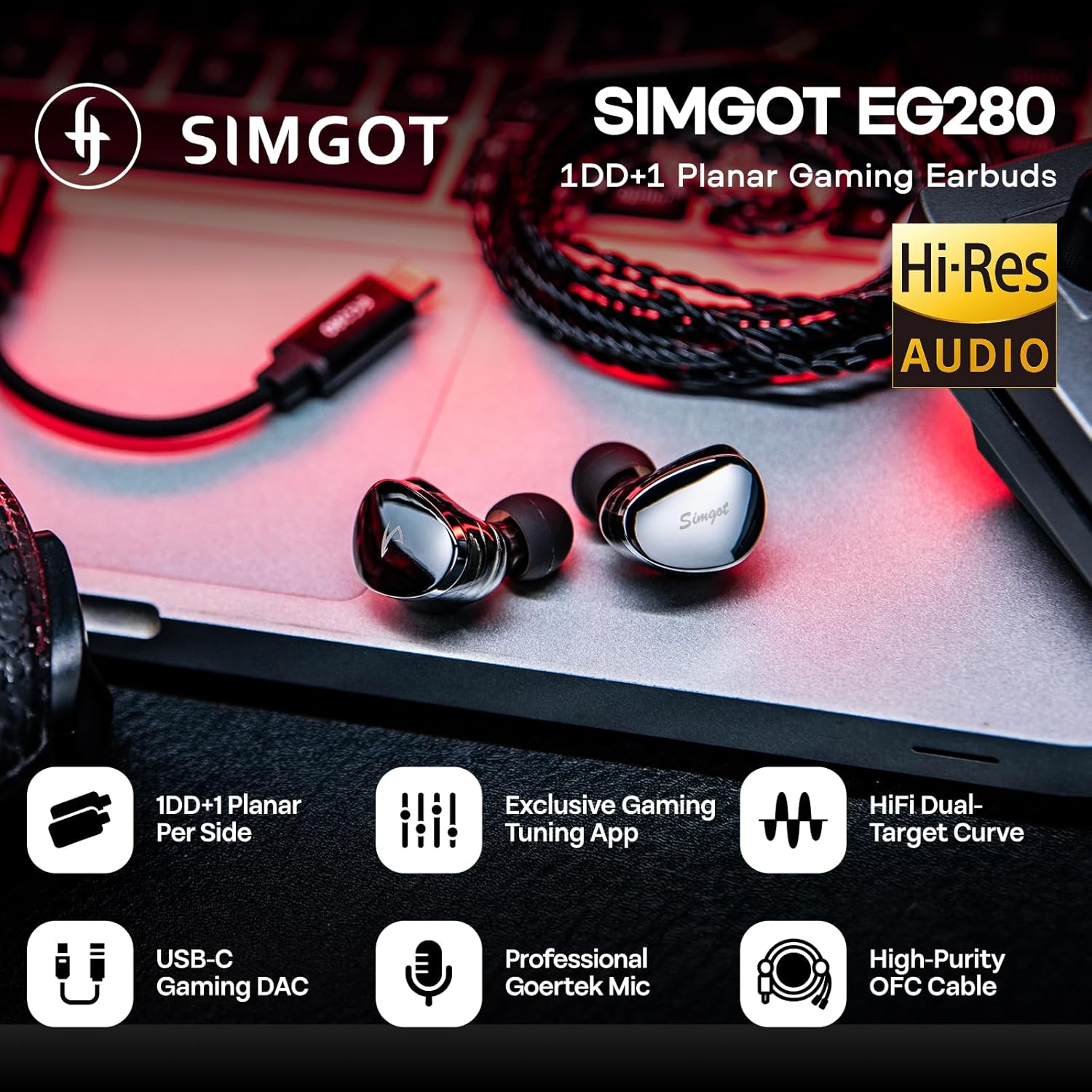 Linsoul SIMGOT EG280 in Ear Monitor, 1DD+1 Planar Hifi IEM, Wired Gaming Earphone with Microphone, 1.7M Long Detachable 2Pin OFC Cable, with USB-C Adapter, for FPS Games and Audiophile Musician image number 1