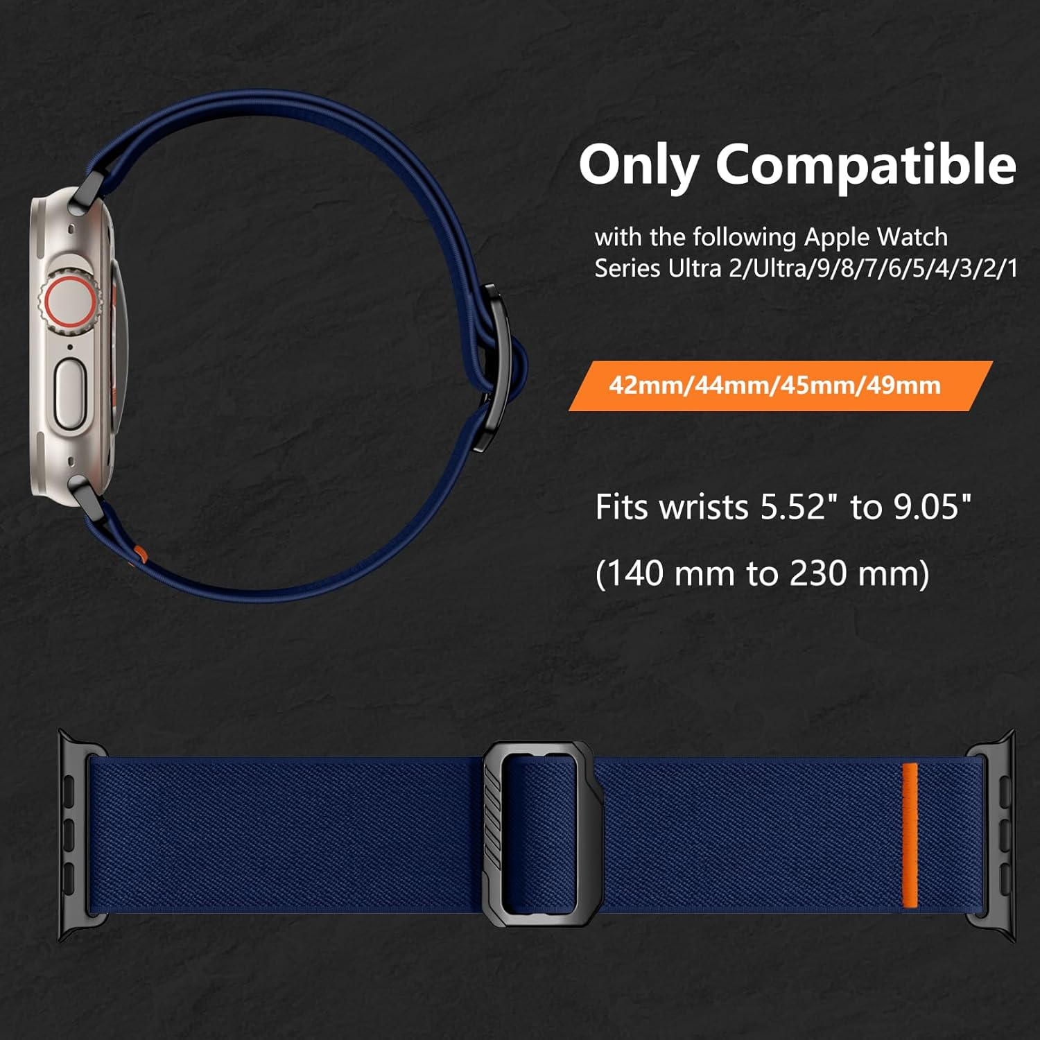 Witzon Elastic Sport Bands Compatible with Apple Watch Ultra 3 2 Band/Ultra Band 49Mm, Iwatch Series 11/10/9/8/7/6/5/4/3/2/1/SE 45Mm/44Mm/42Mm Stretchy Nylon Solo Loop Wide Replacement Strap Men Women - Black/Titanium image number 3