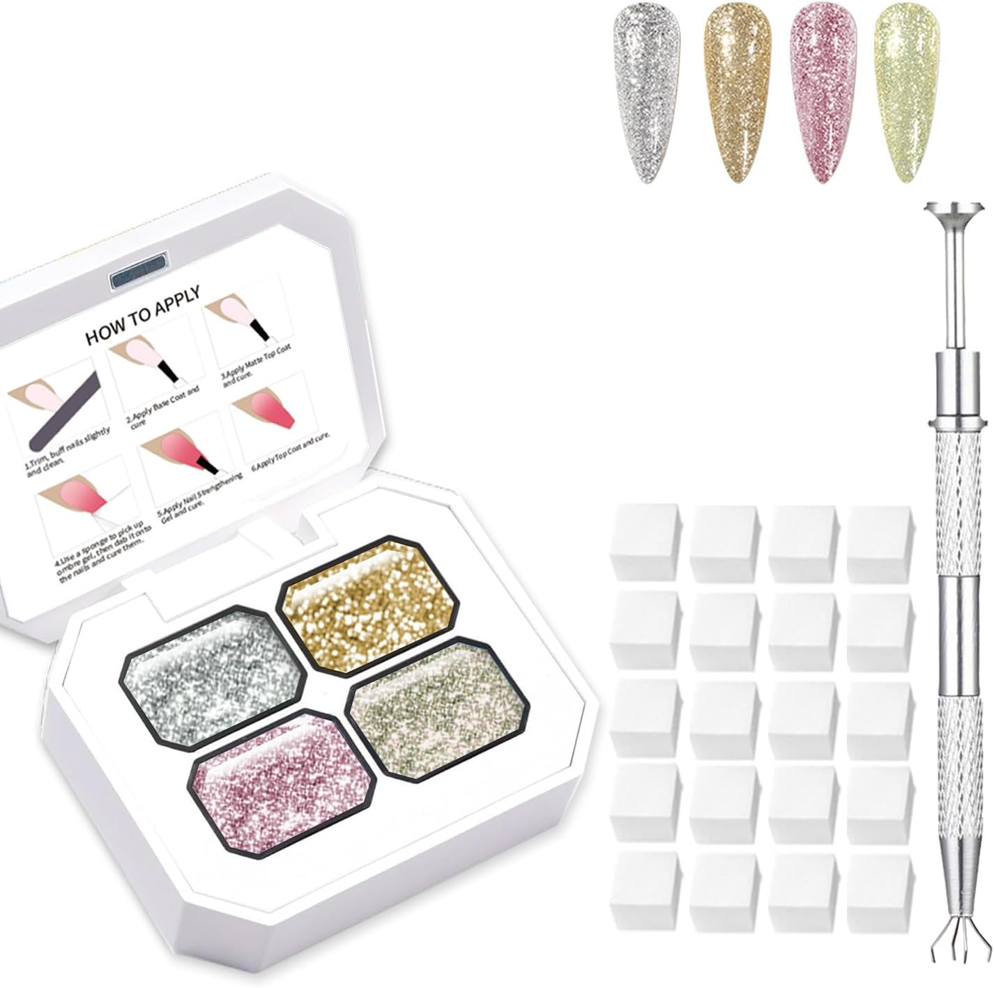 SULLMAR Colorful Ombre Gel Set with 4 Brilliant Colors with 100Pcs Nail Sponges & Grabbing Pen Ombre Nail Polish Glitter and Eye-Catching for Women Essential Nail Art Tool (B11)