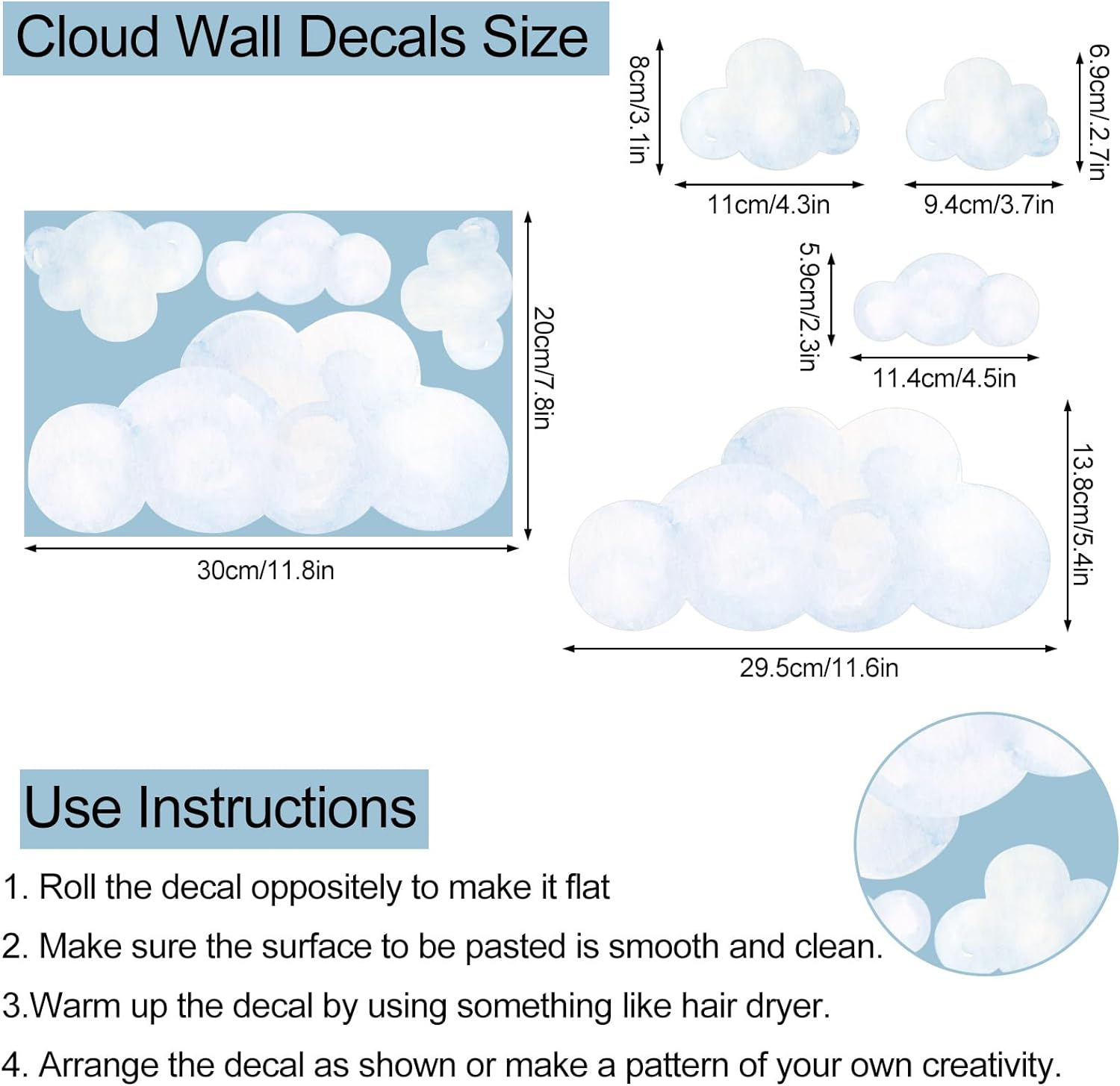 Jarthenaamcs 9 Sheet Cloud Wall Decal Stickers White Sky Mural Sticker Peel and Stick Nursery Wallpaper Decal for Bedroom Playroom Decoration image number 1