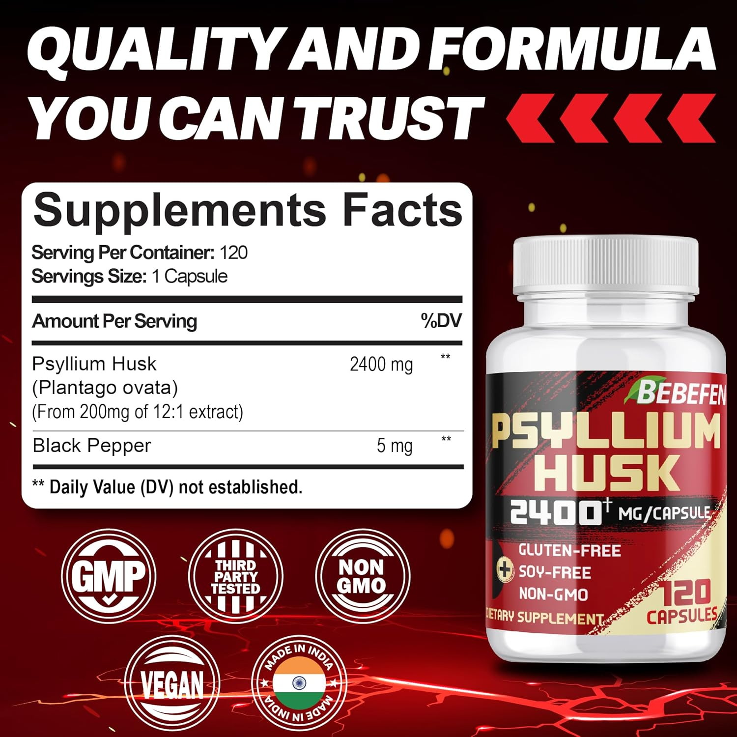 BEBEFEN Psyllium Husk Capsules 2400Mg with Black Pepper - 4 Month Supply - Non-Gmo and Gluten-Free Formula - 120 Capsules image number 2